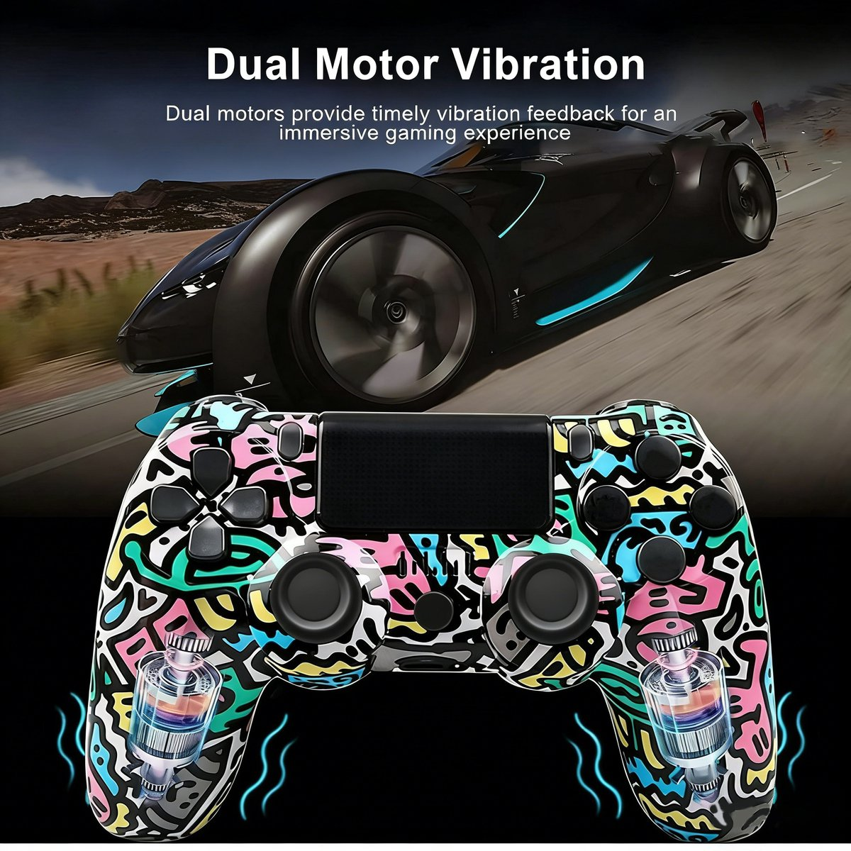 Ein Controller mit buntem Muster, daneben ein Rennwagen. Dual-Motor-Vibration.