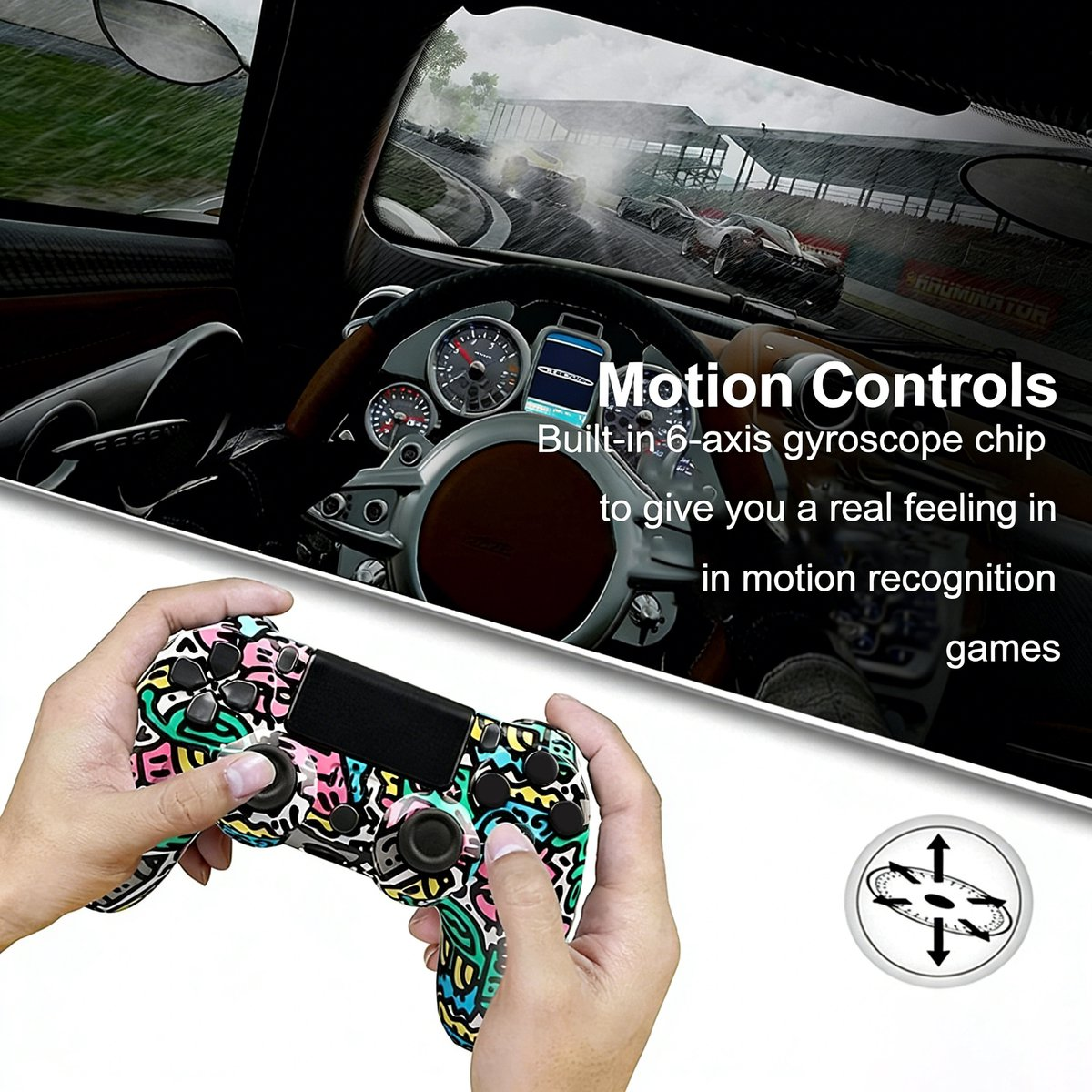 Bunter Controller in der Hand vor Autorennen-Cockpit. Motion Controls.