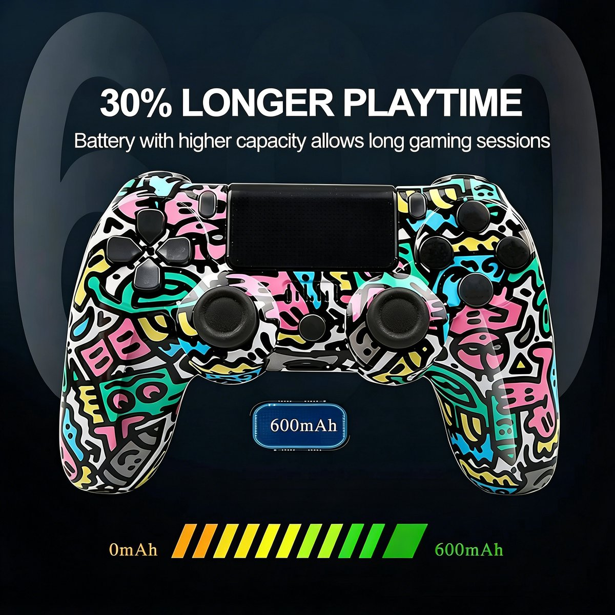 Bunter Controller mit 600 mAh Akku, 30 % längere Spielzeit.