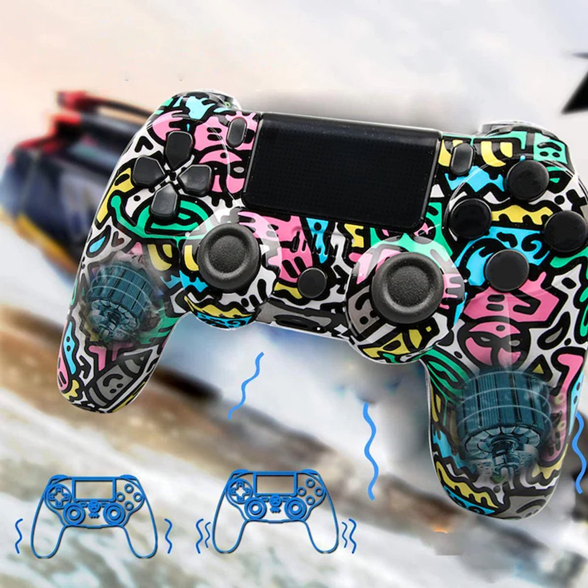 Bunter, graffitiartiger Controller mit Vibrationseffekten und schematischen Darstellungen.