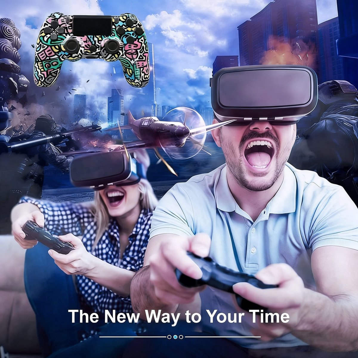 Menschen mit VR-Brillen spielen, bunte Controller, Flugzeug, Stadt.