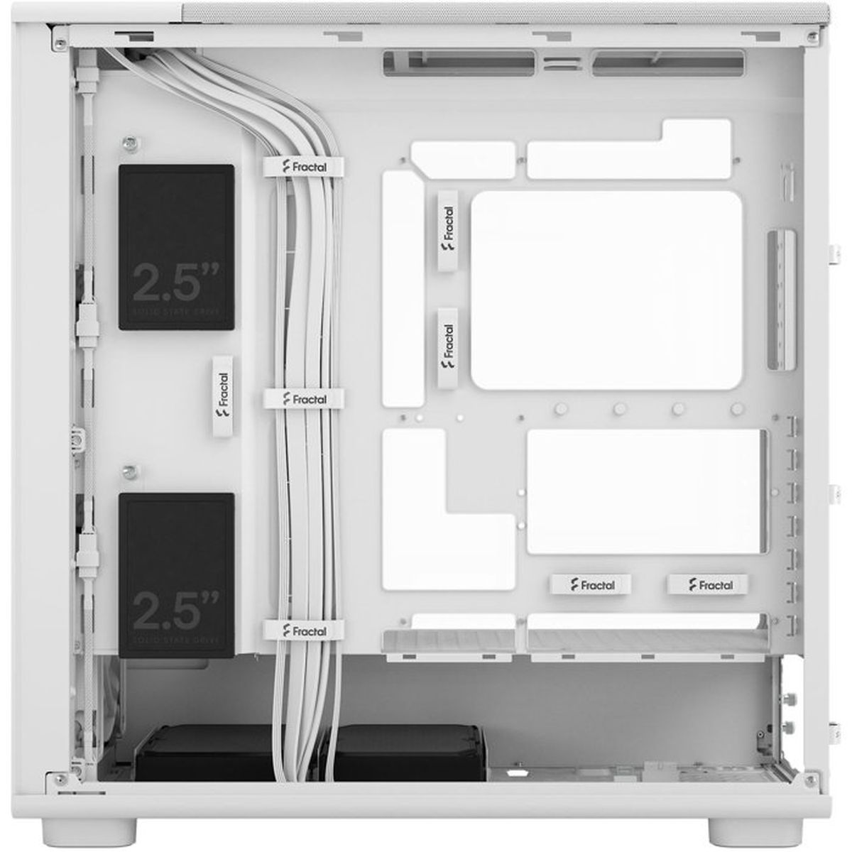 Innenansicht eines weißen PC-Gehäuses mit zwei 2,5-Zoll-SSDs und Kabeln.