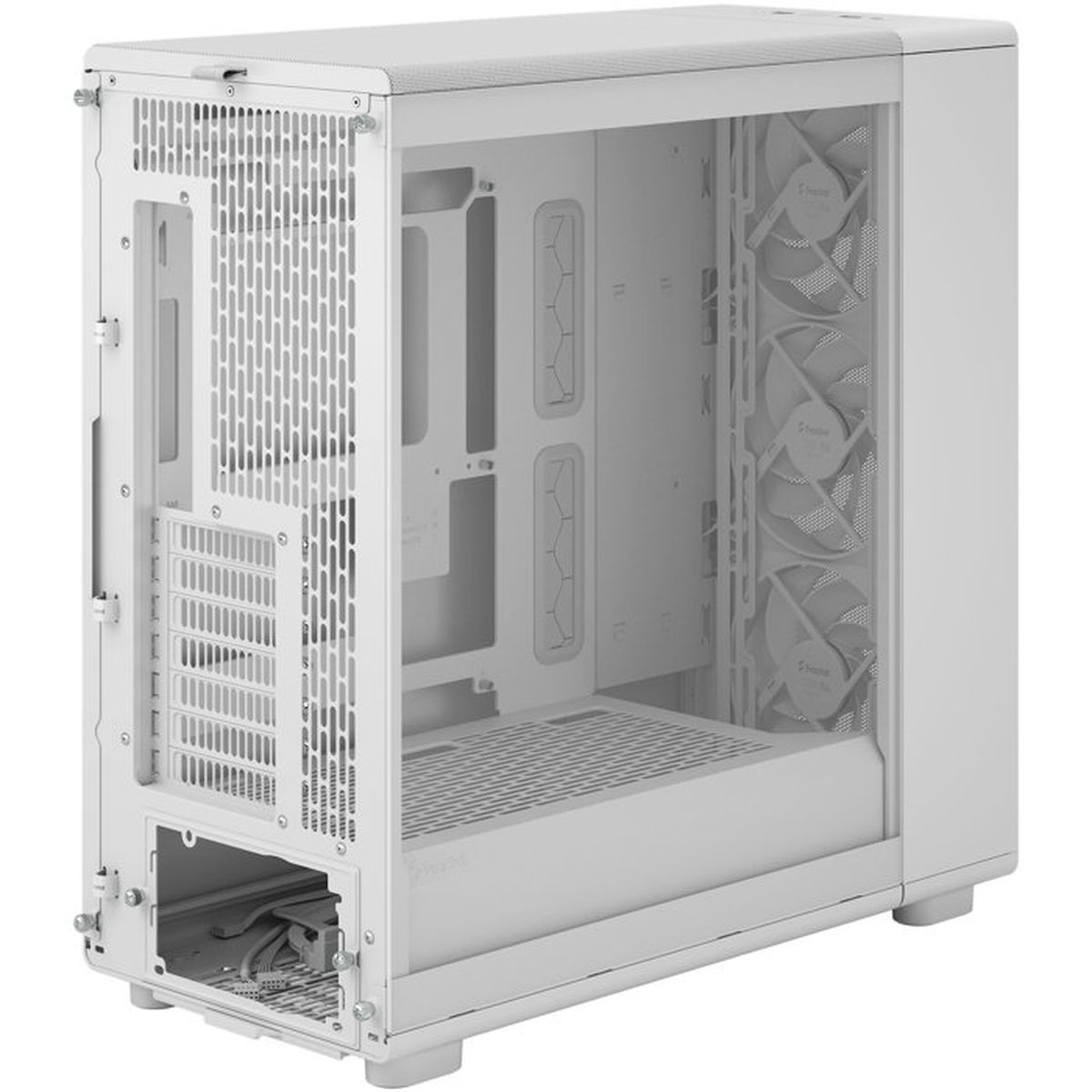 Ein weißes Computergehäuse mit Glasfront und Lüftern. Innenansicht.