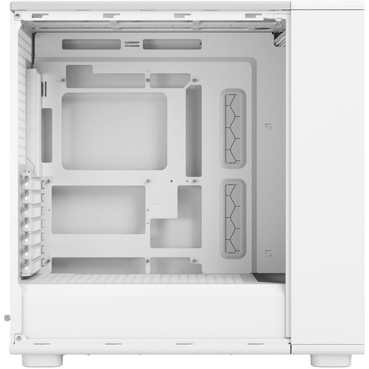 Innenansicht eines weißen Computergehäuses mit Montageöffnungen und Lüftergittern.