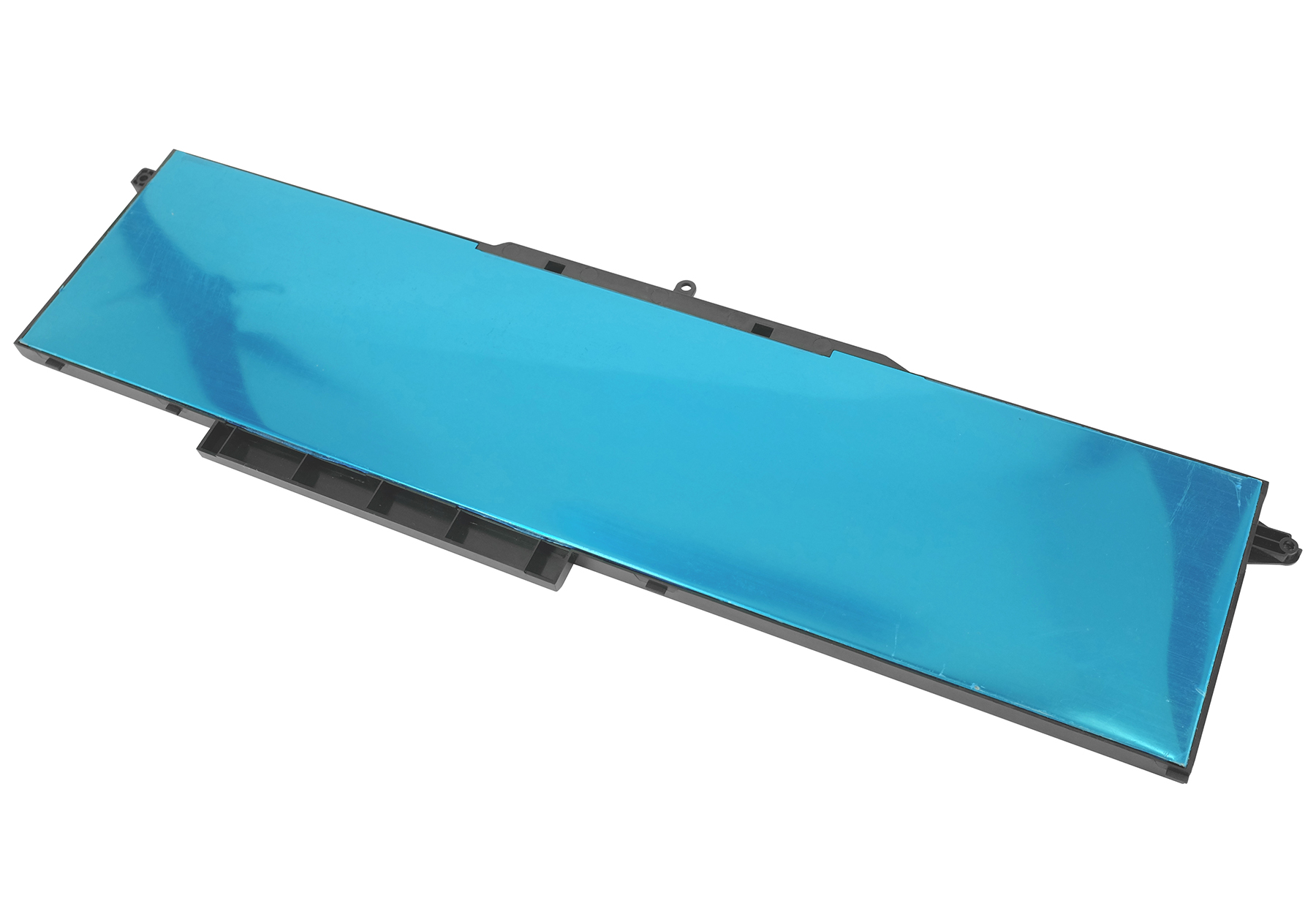 Ein schlankes, rechteckiges Laptop-Akku mit einer glänzenden, blauen Oberseite.