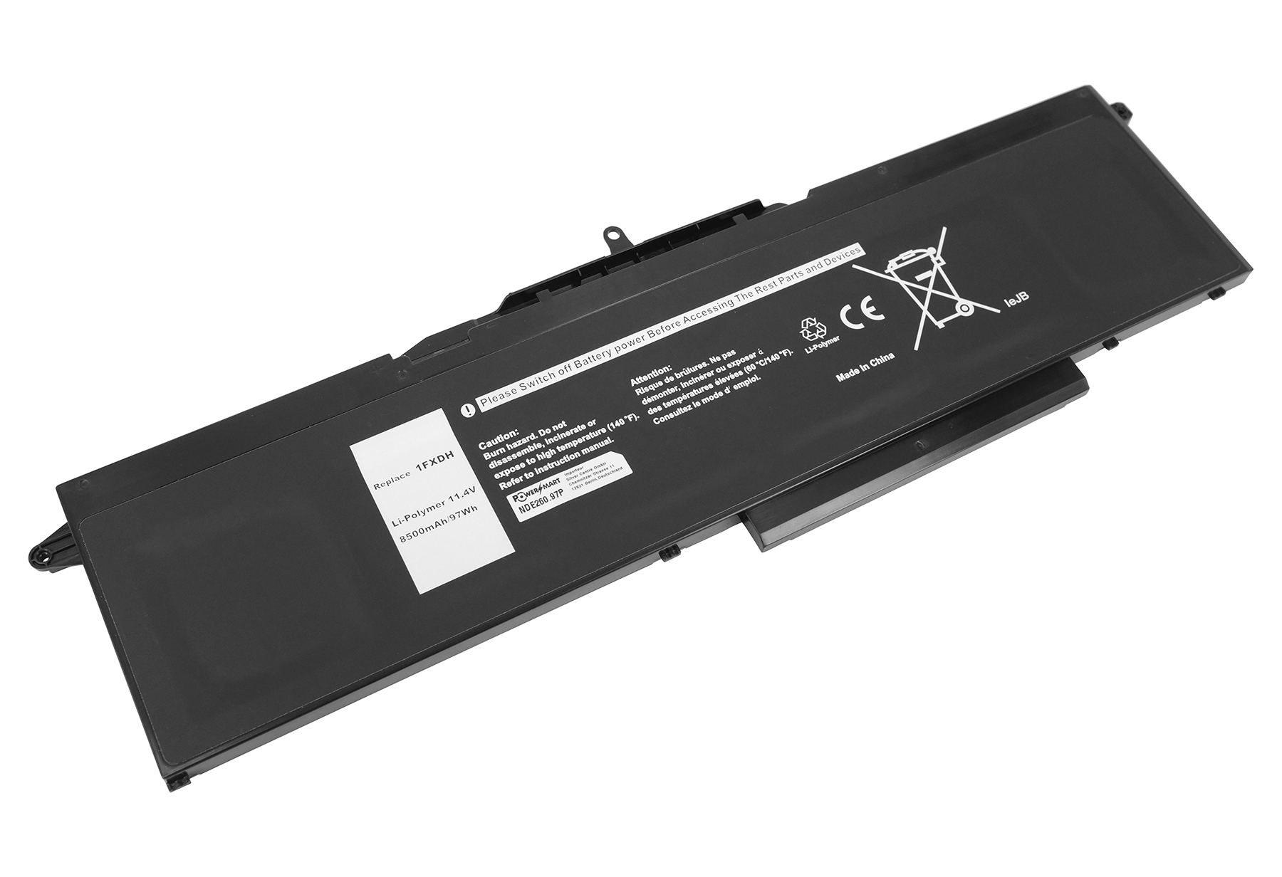 Schwarzer Laptop-Akku mit Beschriftungen, 11,4V, 8500mAh, 97Wh, CE-Zeichen.