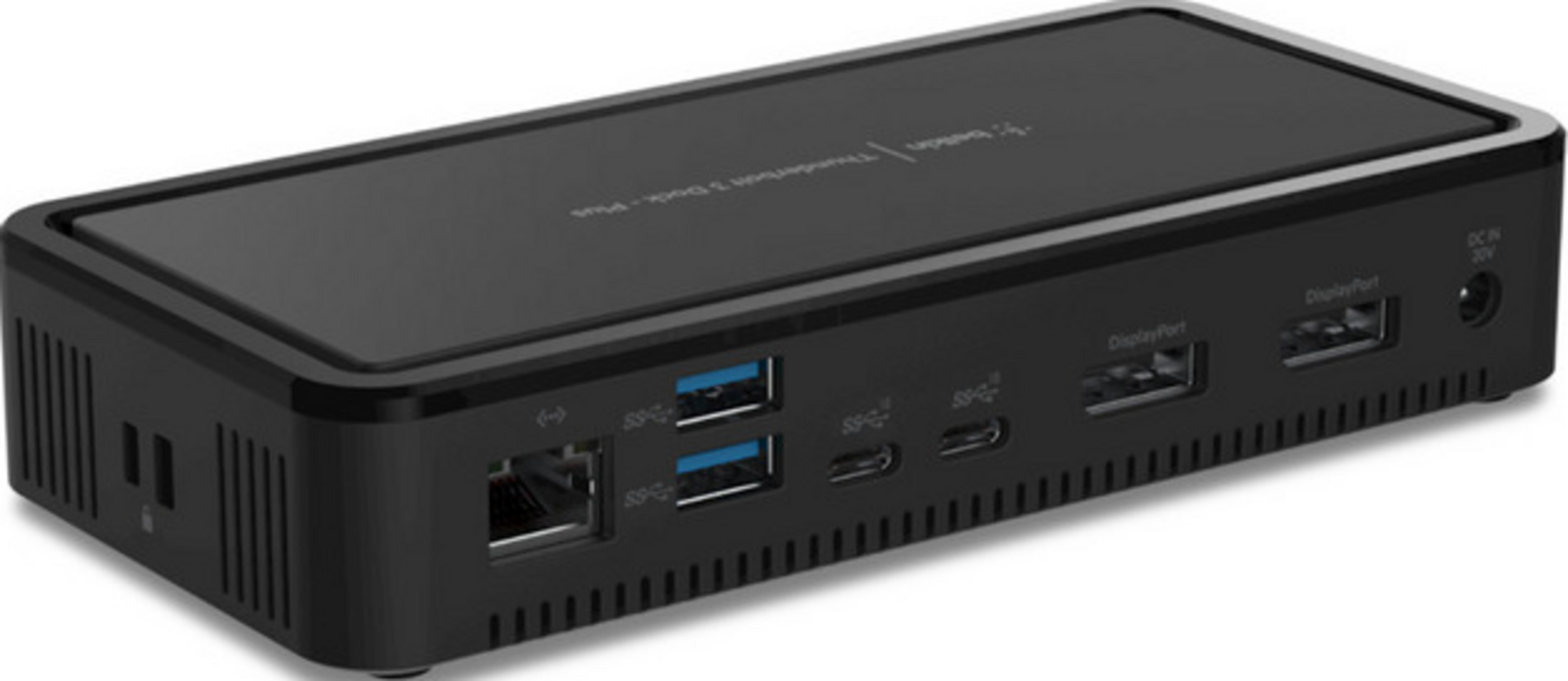 Docking station nera Thunderbolt 3 con più porte tra cui USB e DisplayPort.