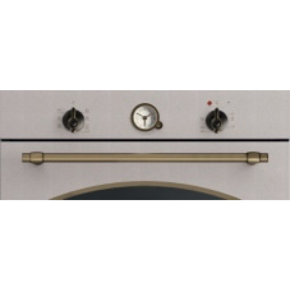 Frontale forno da incasso con maniglia bronzo, orologio e due manopole.