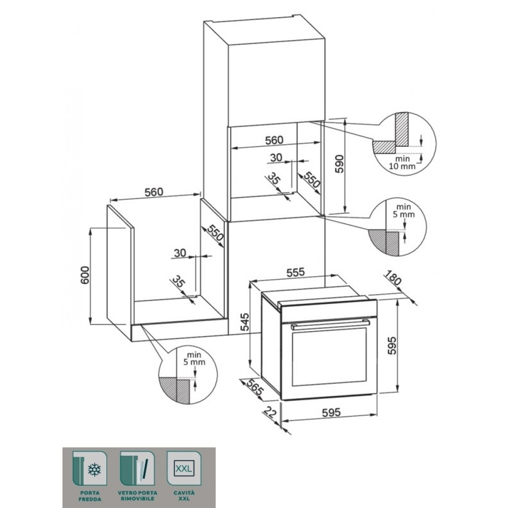 Disegno tecnico di un forno da incasso con dimensioni e dettagli di installazione.