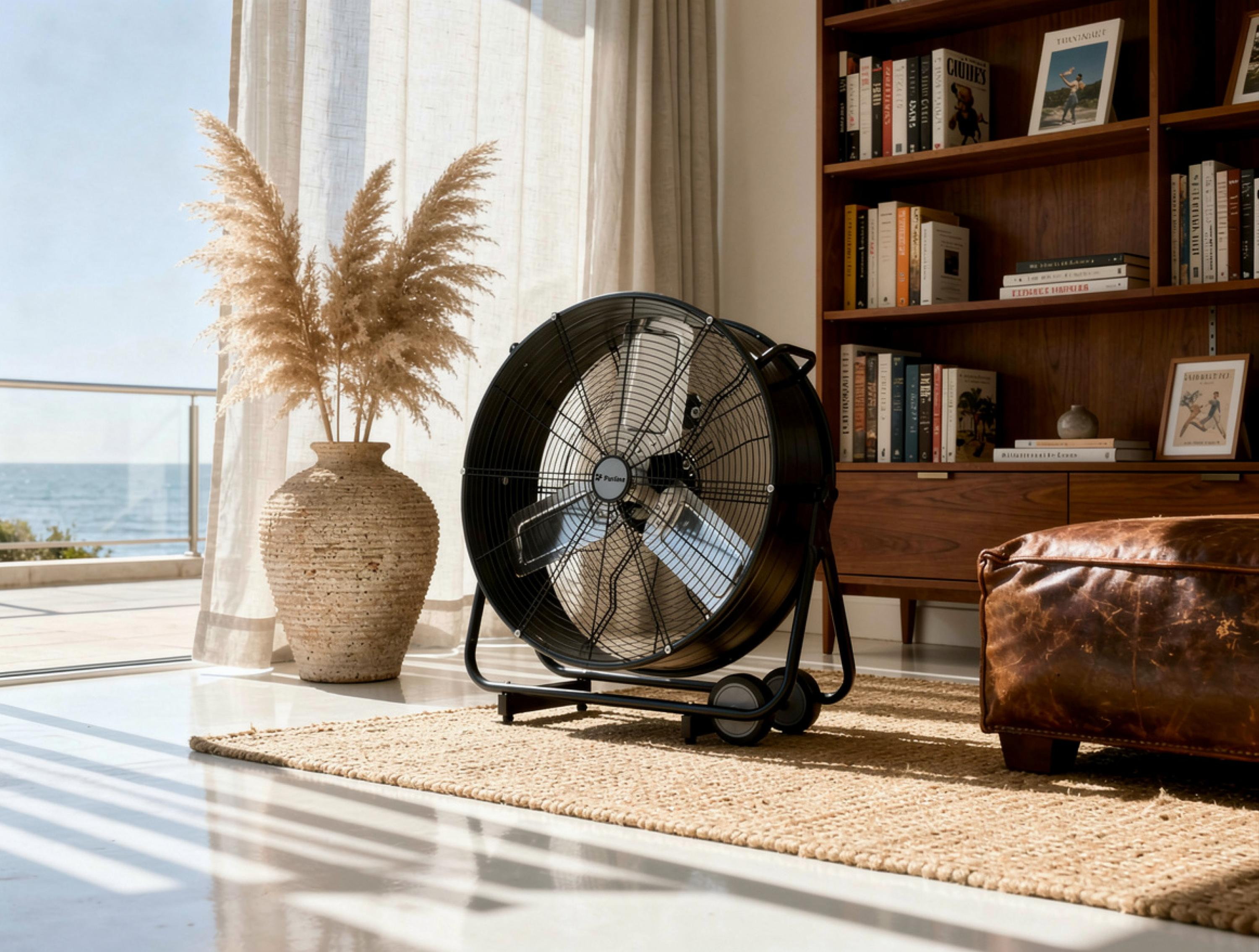 Un gran ventilador negro está sobre una alfombra frente a una estantería y una ventana.