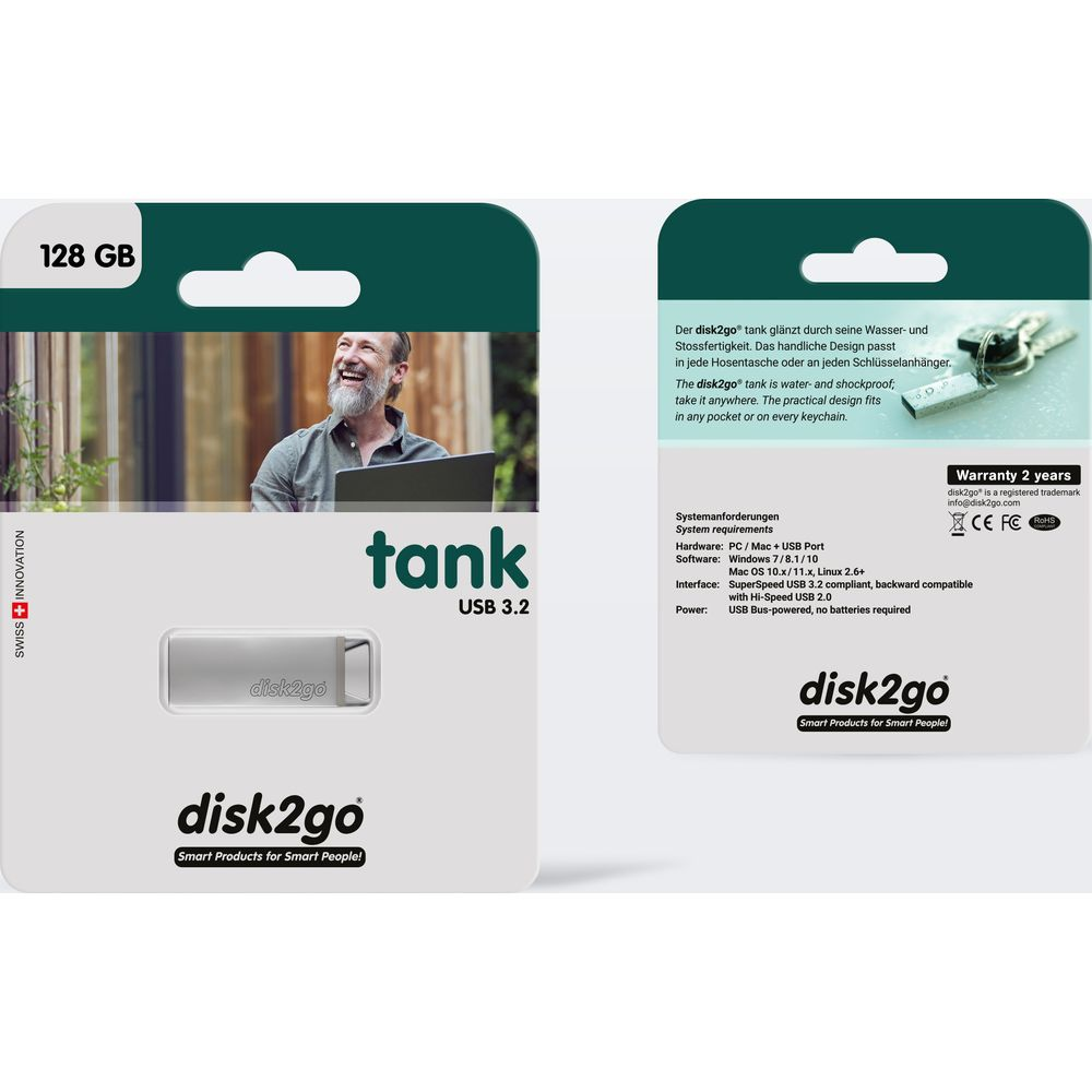 Clé USB 3.2 de 128 Go avec design étanche, présentée sur l'emballage.