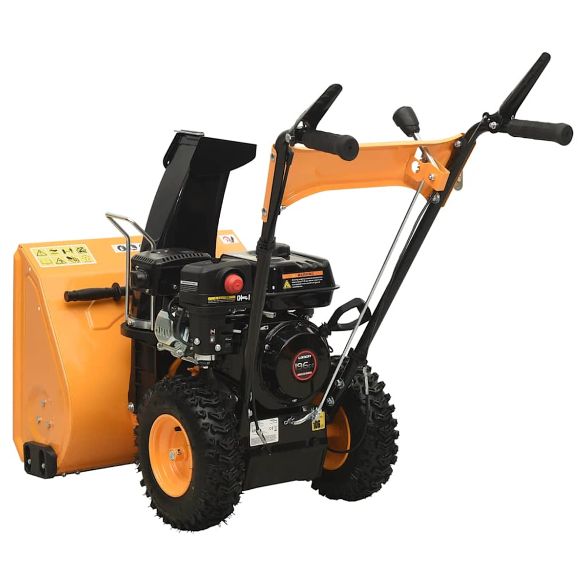 Orange Schneefräse mit schwarzem Motor und Griffen auf weißem Hintergrund.