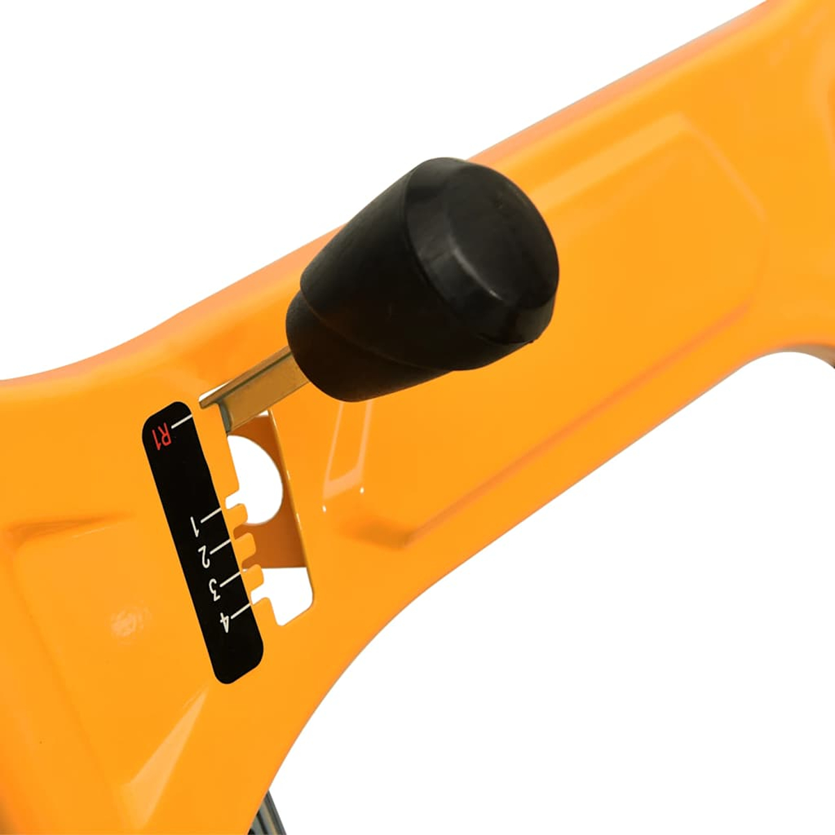 Ein schwarzer Schalthebel mit Zahlenmarkierungen auf einem orangefarbenen Griff.