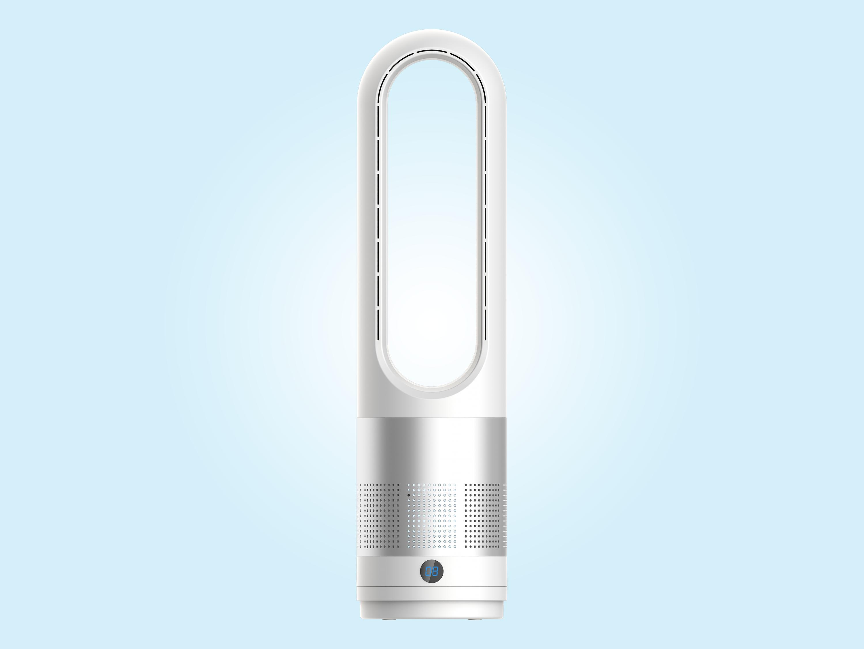Un ventilador blanco sin aspas con base plateada y pantalla digital.