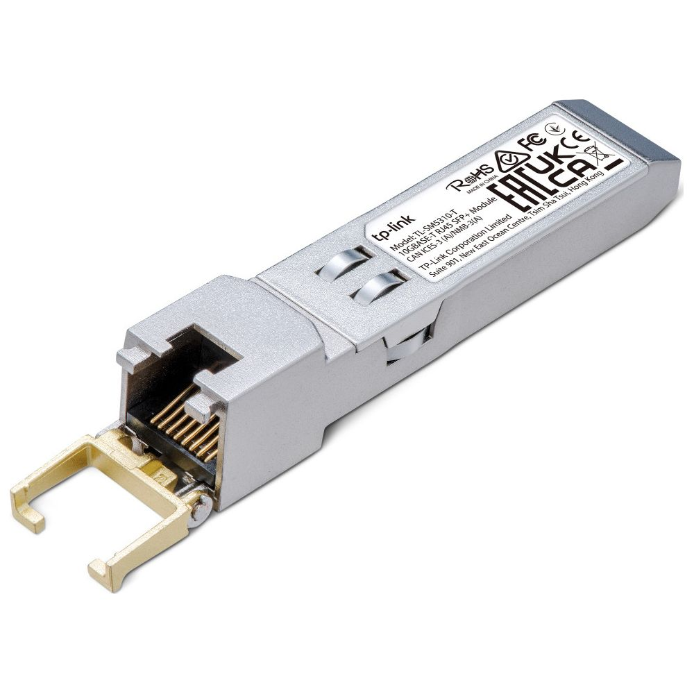 Altın kontaklı ve ürün bilgilerine sahip gümüş TP-Link 10GBASE-T RJ45 SFP+ modülü.