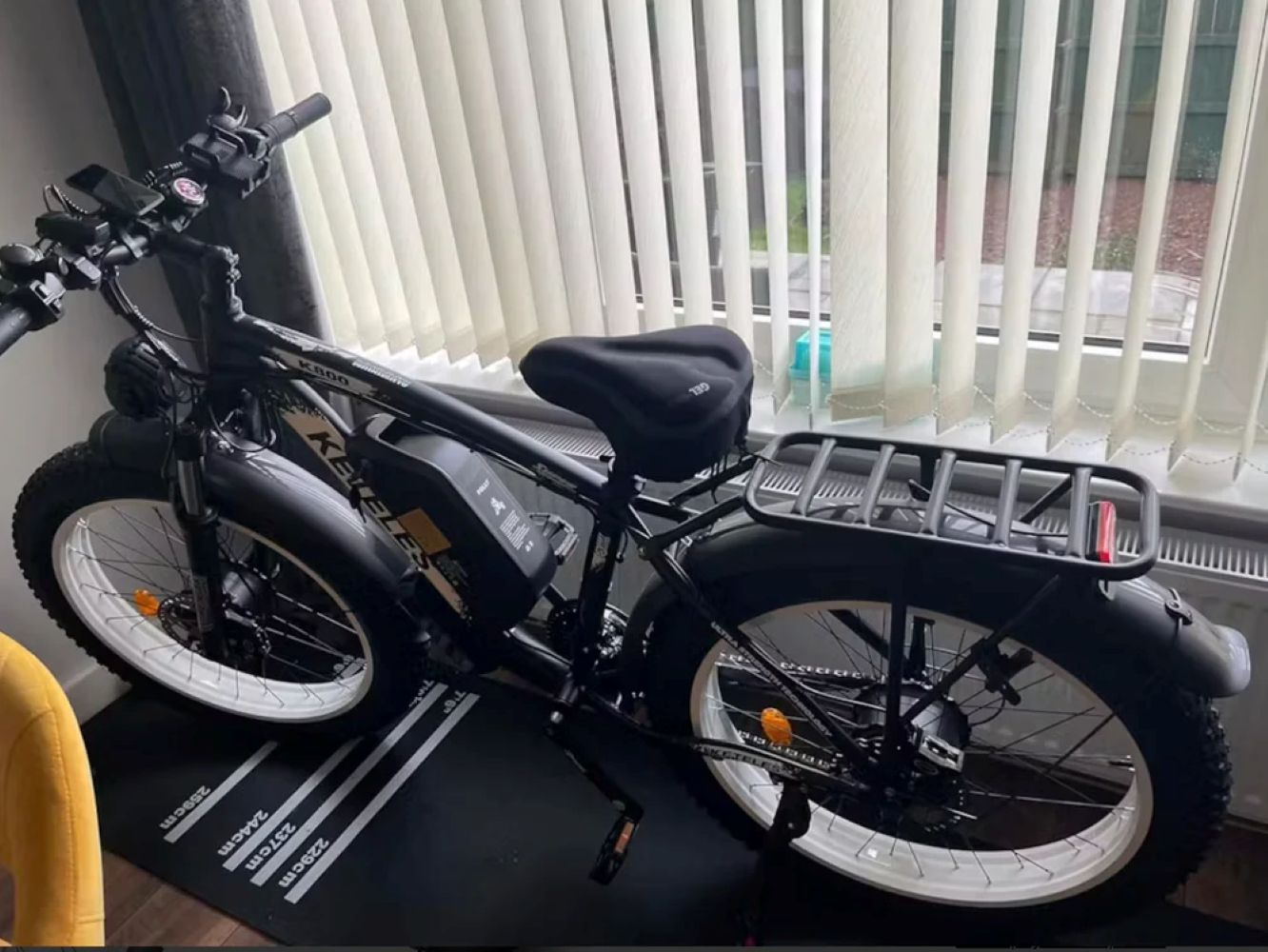 Bicicletta elettrica nera con ruote grasse e portapacchi posteriore, interna.