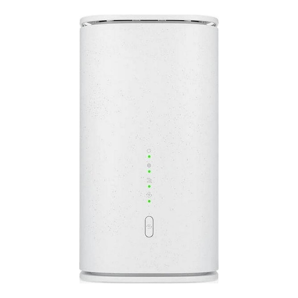 Ein weißer, zylindrischer Router mit grünen Ladeanzeigen und einem Power-Button.