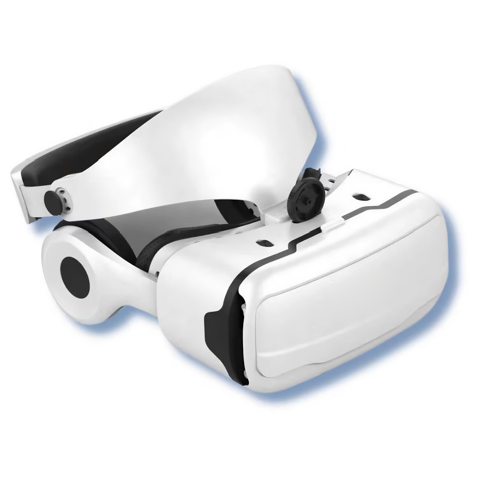 Eine weiße VR-Brille mit schwarzen Akzenten und einem Rad.