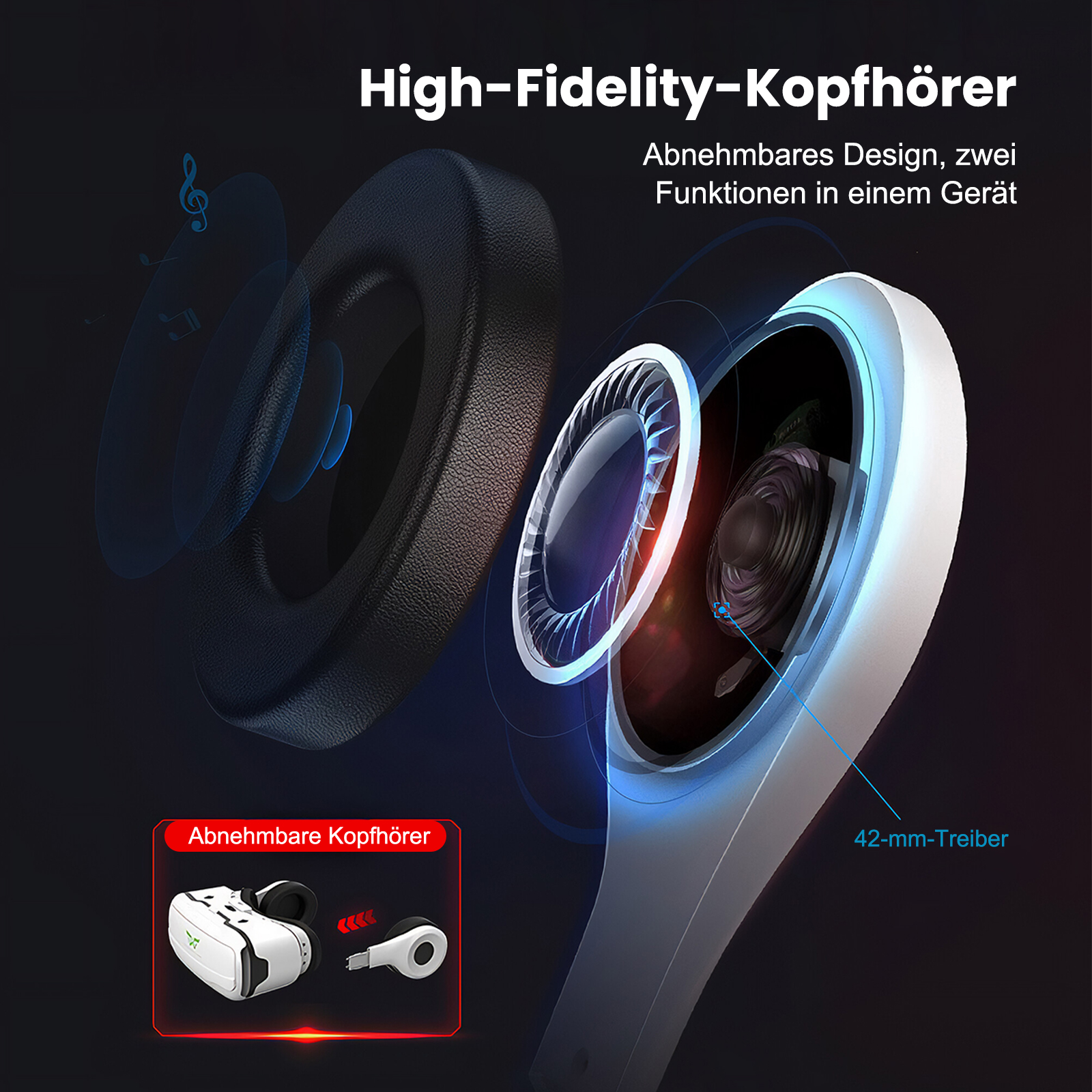Hochwertige Kopfhörer mit 42-mm-Treiber und abnehmbarem Design.