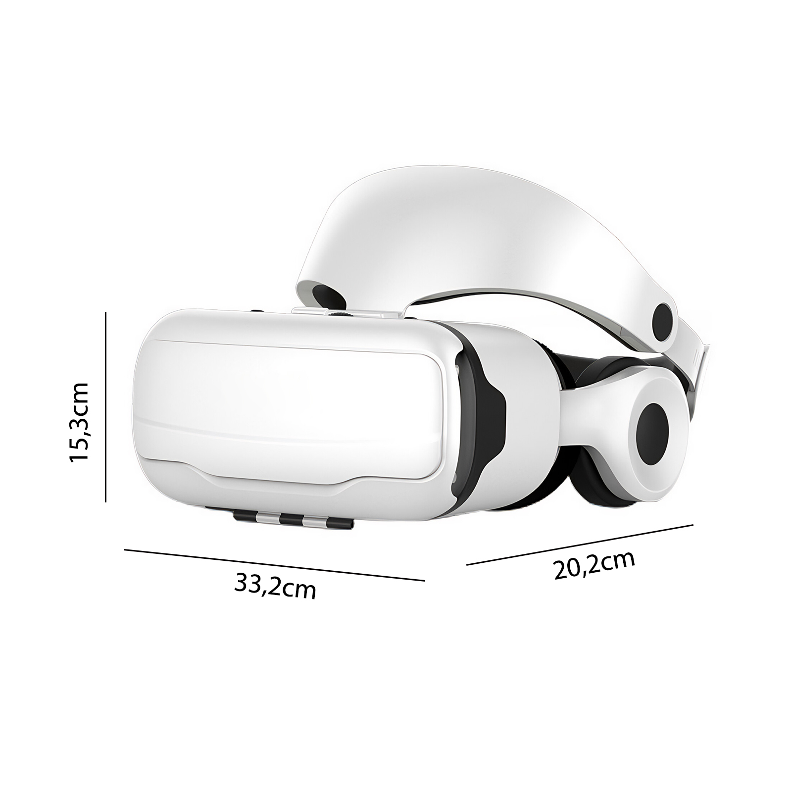 Weiße VR-Brille mit schwarzen Details und Maßangaben.