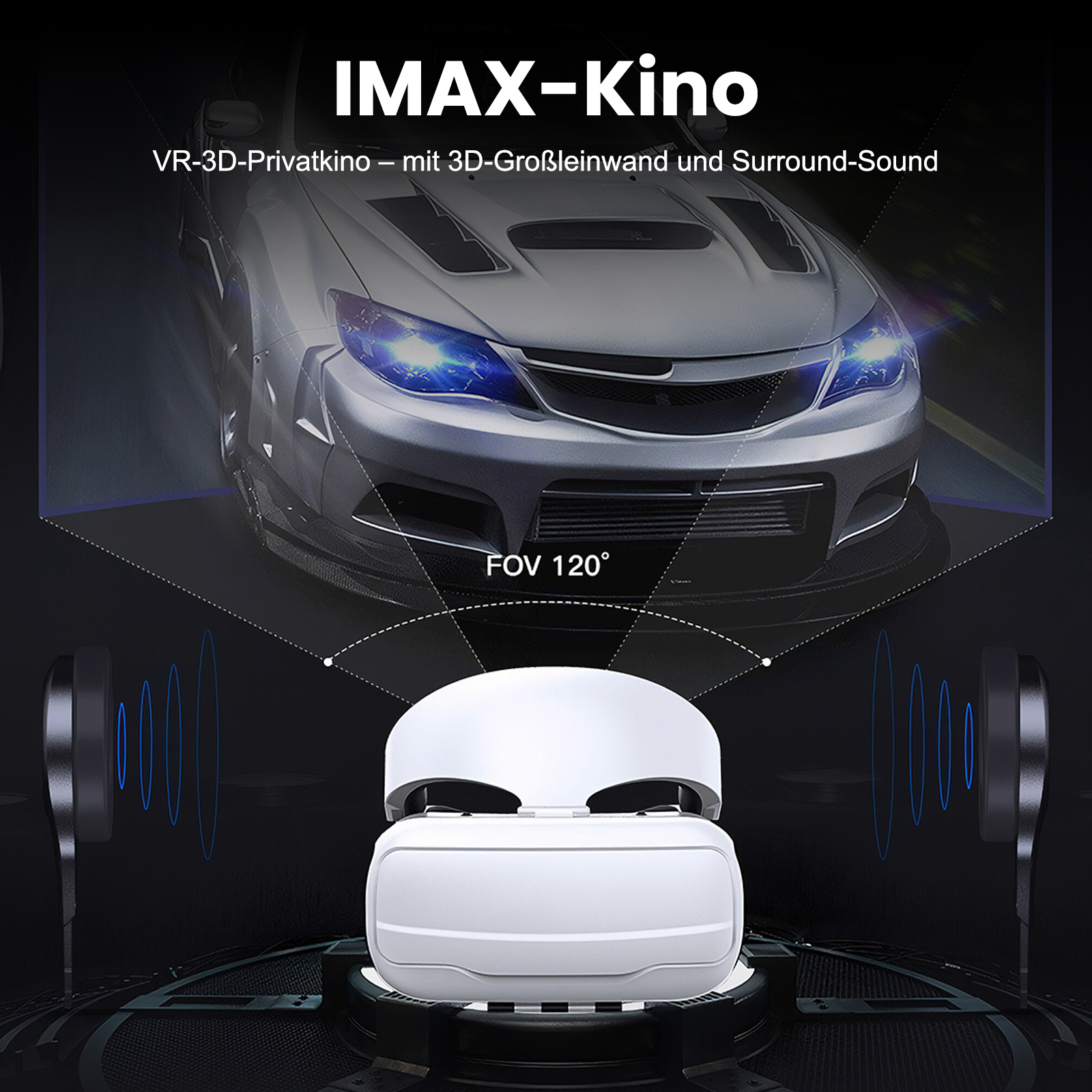 Weiße VR-Brille mit einem Sportwagen und IMAX-Kino-Schriftzug.