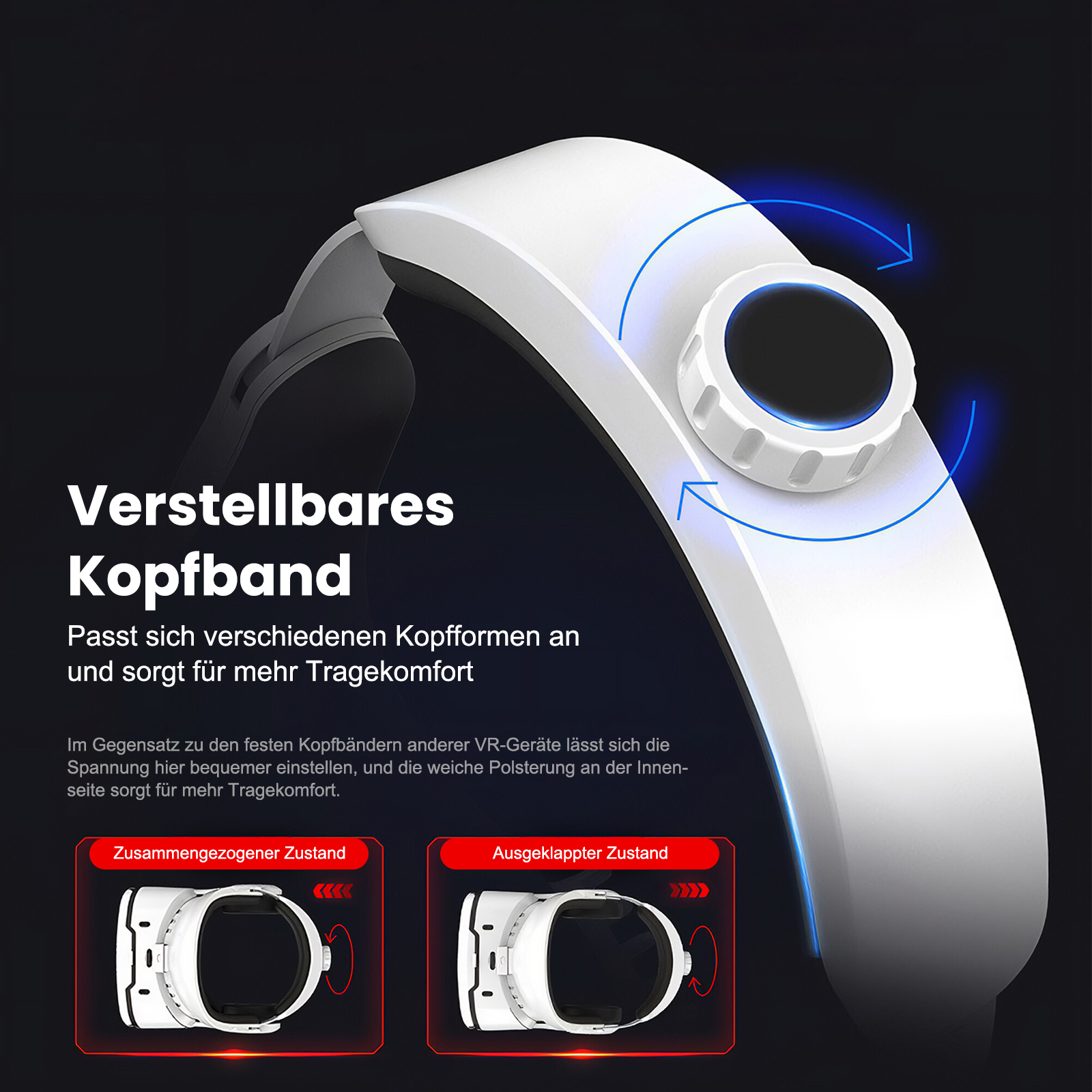 Verstellbares Kopfband für VR-Brillen, mit Verstellknopf und zwei Zustandsanzeigen.