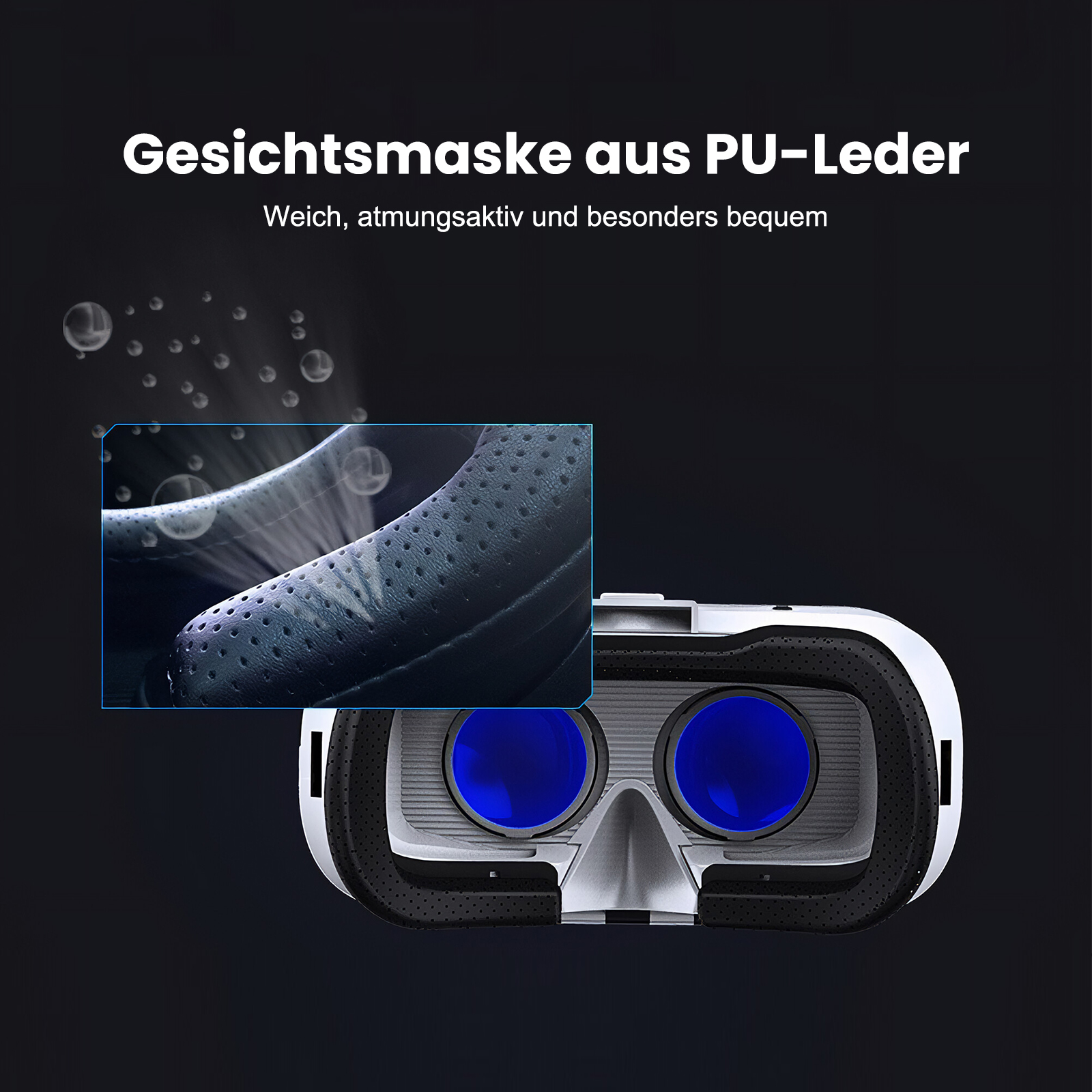 VR-Brille mit PU-Leder-Gesichtsmaske und blauen Linsen.