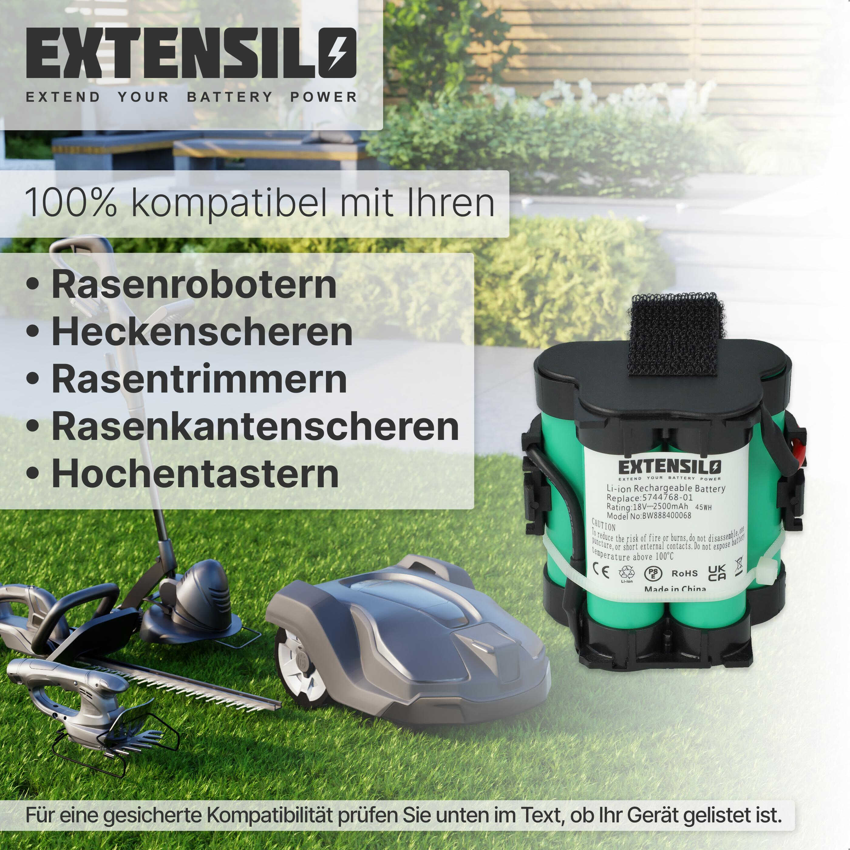 Extensilo Akku mit Gartengeräten: Rasenmäher, Heckenschere, Trimmer.