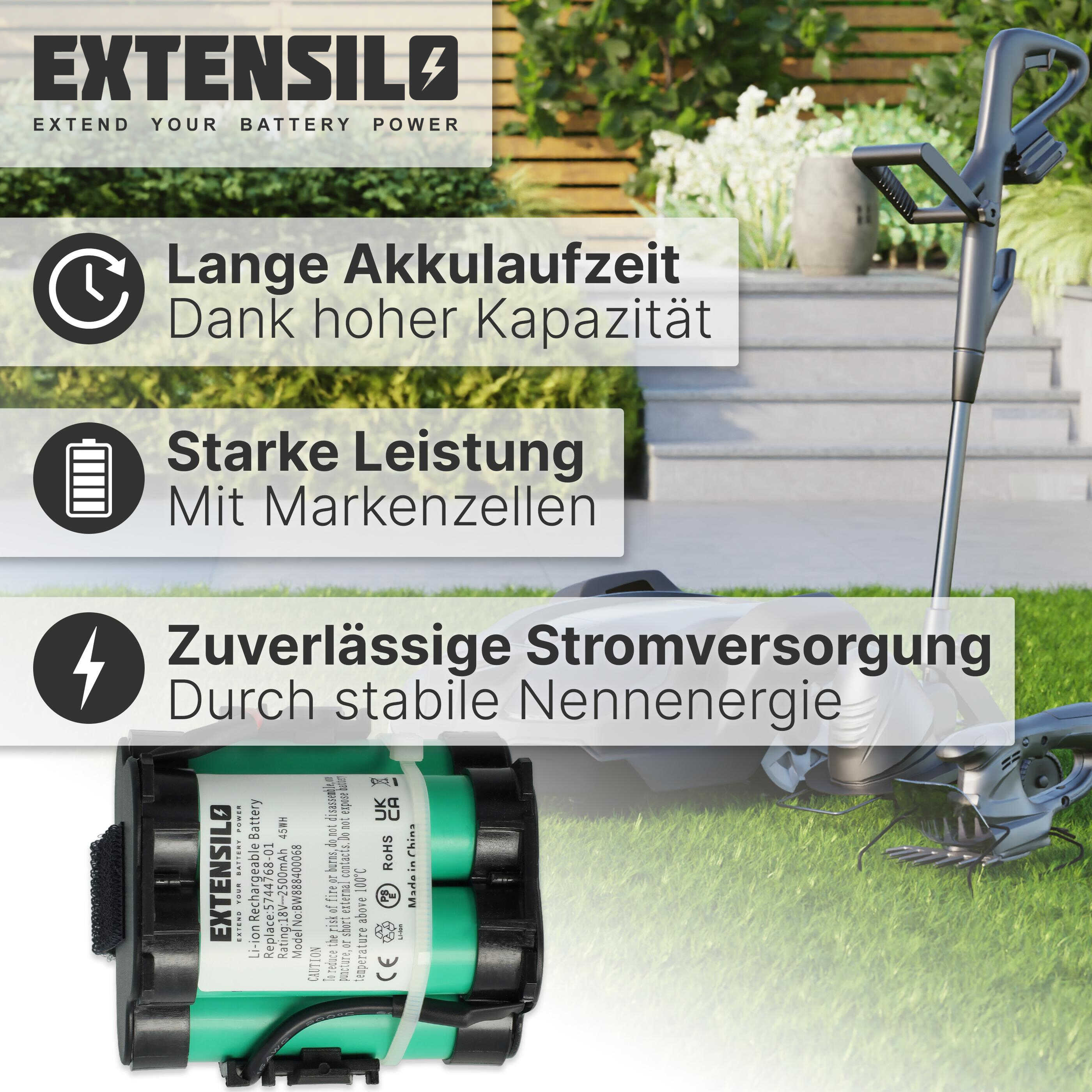 Extensilo Akku neben Gartengeräten, mit Text über Leistung und Ladezeit.