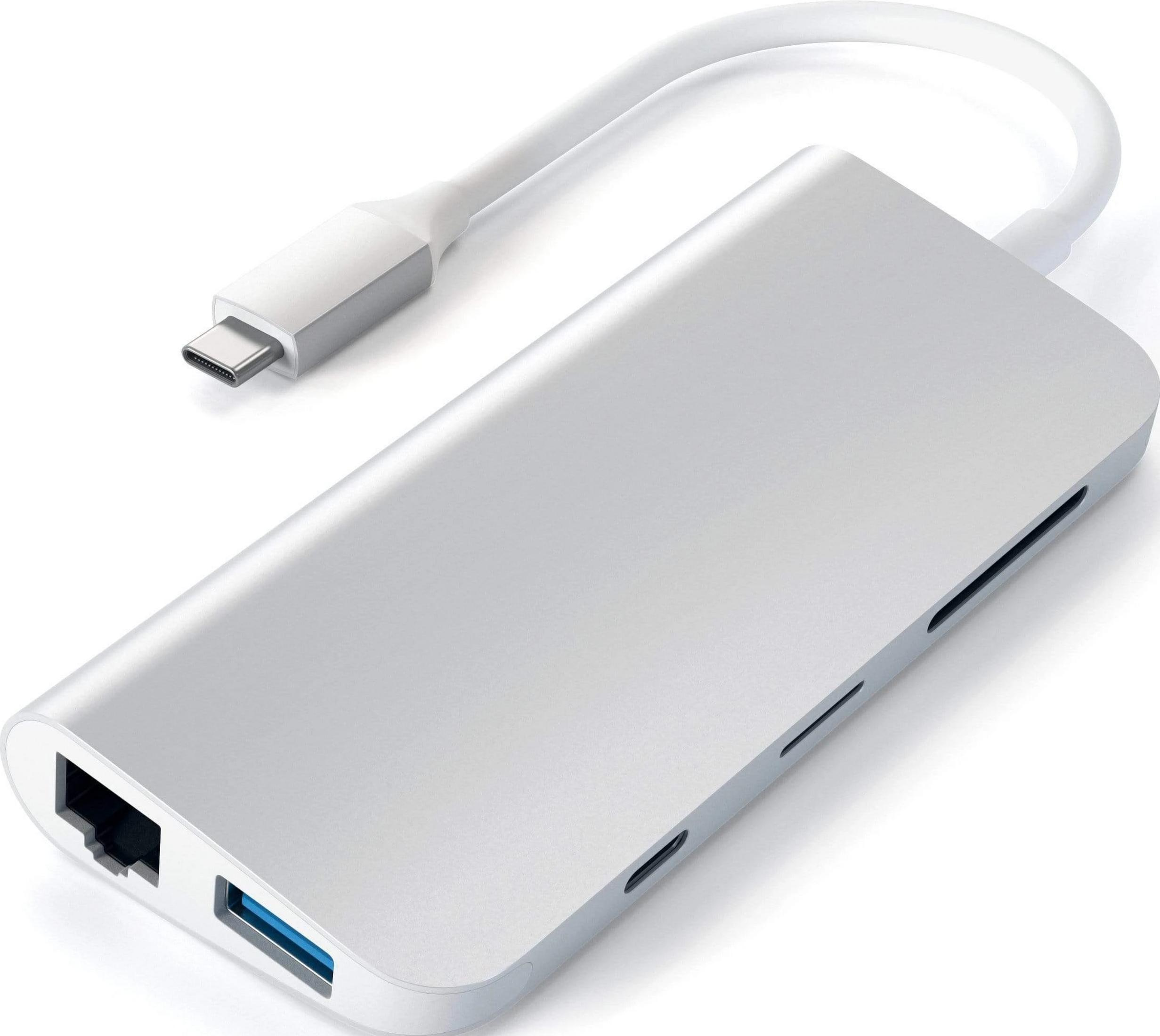 Silberner USB-C-Hub mit Netzanschluss und USB-A-Anschluss.
