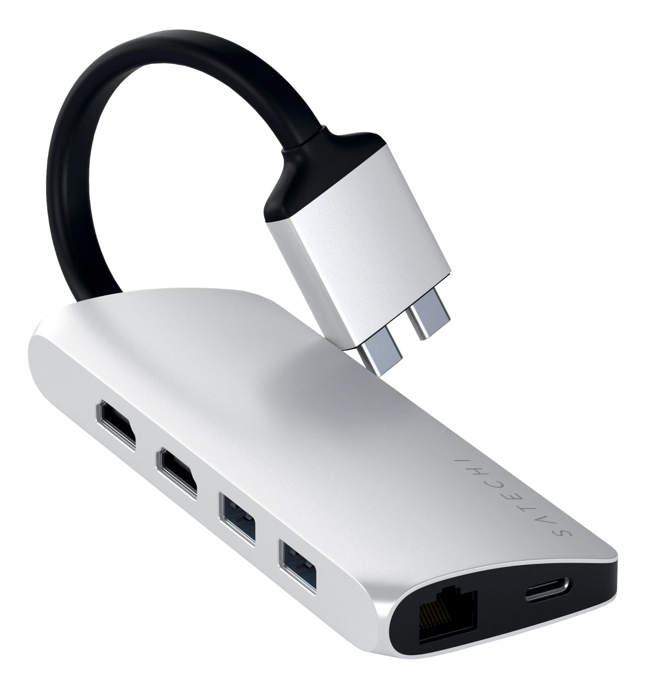 Hub USB-C argento con porte HDMI, USB-A, Ethernet e USB-C.