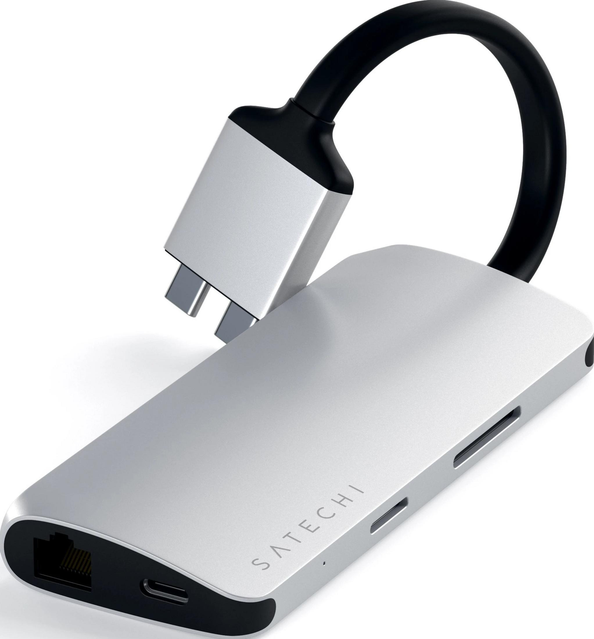 Hub USB-C argento con porta di ricarica, Ethernet e slot per schede SD.