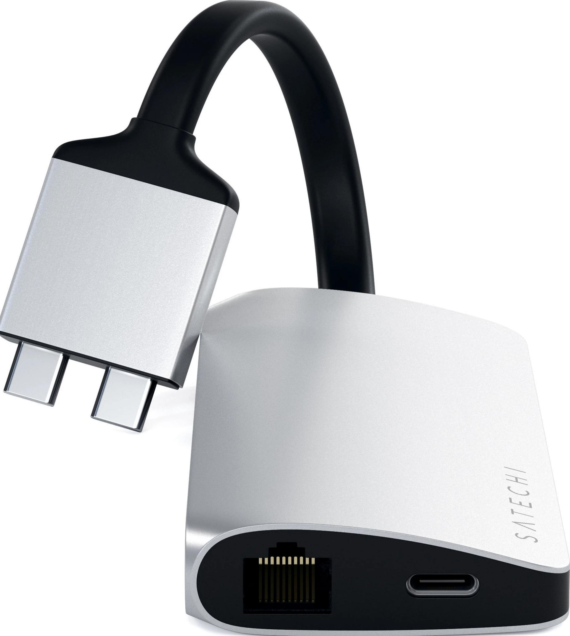 Un hub USB-C argentato con due porte, Ethernet e un connettore USB-C.