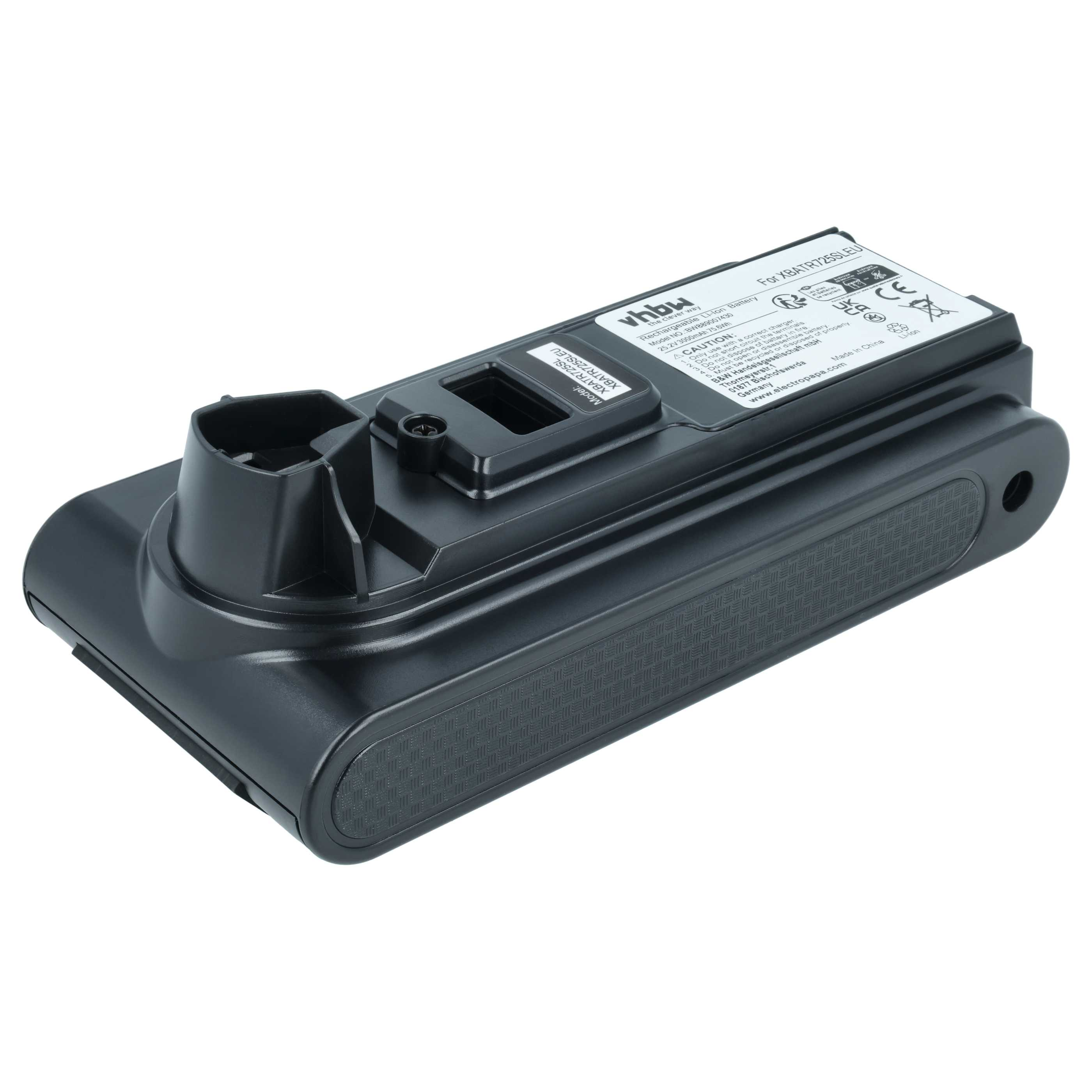 Schwarzer Akku mit Anschlussteil für Staubsauger, Modell XBATR725SLEU.