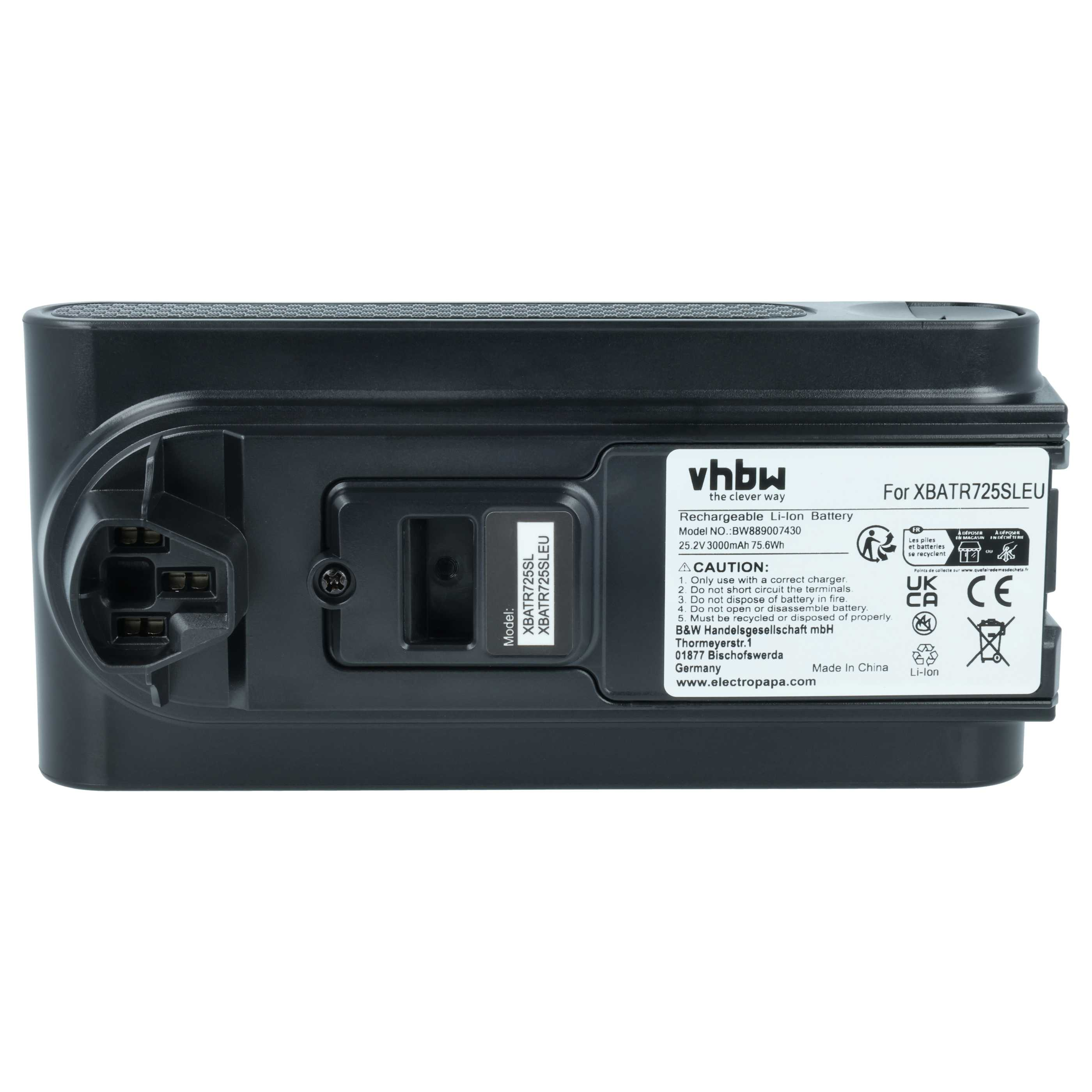 Schwarzer Akku mit Beschriftung für XBATR725SLEU, Li-Ion, 25.2V.
