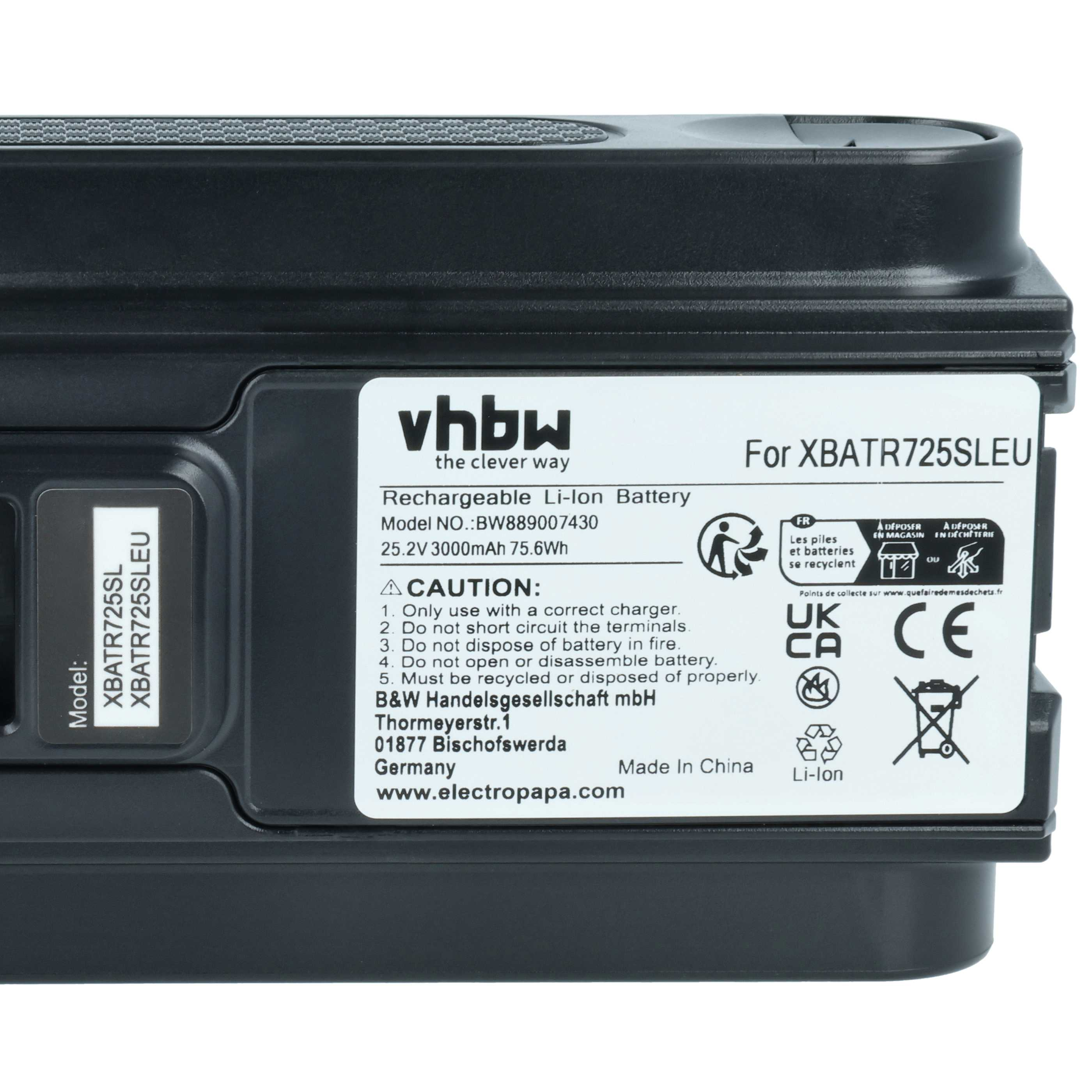 Schwarzer Li-Ion Akku für XBATR725SLEU mit Warnhinweisen.