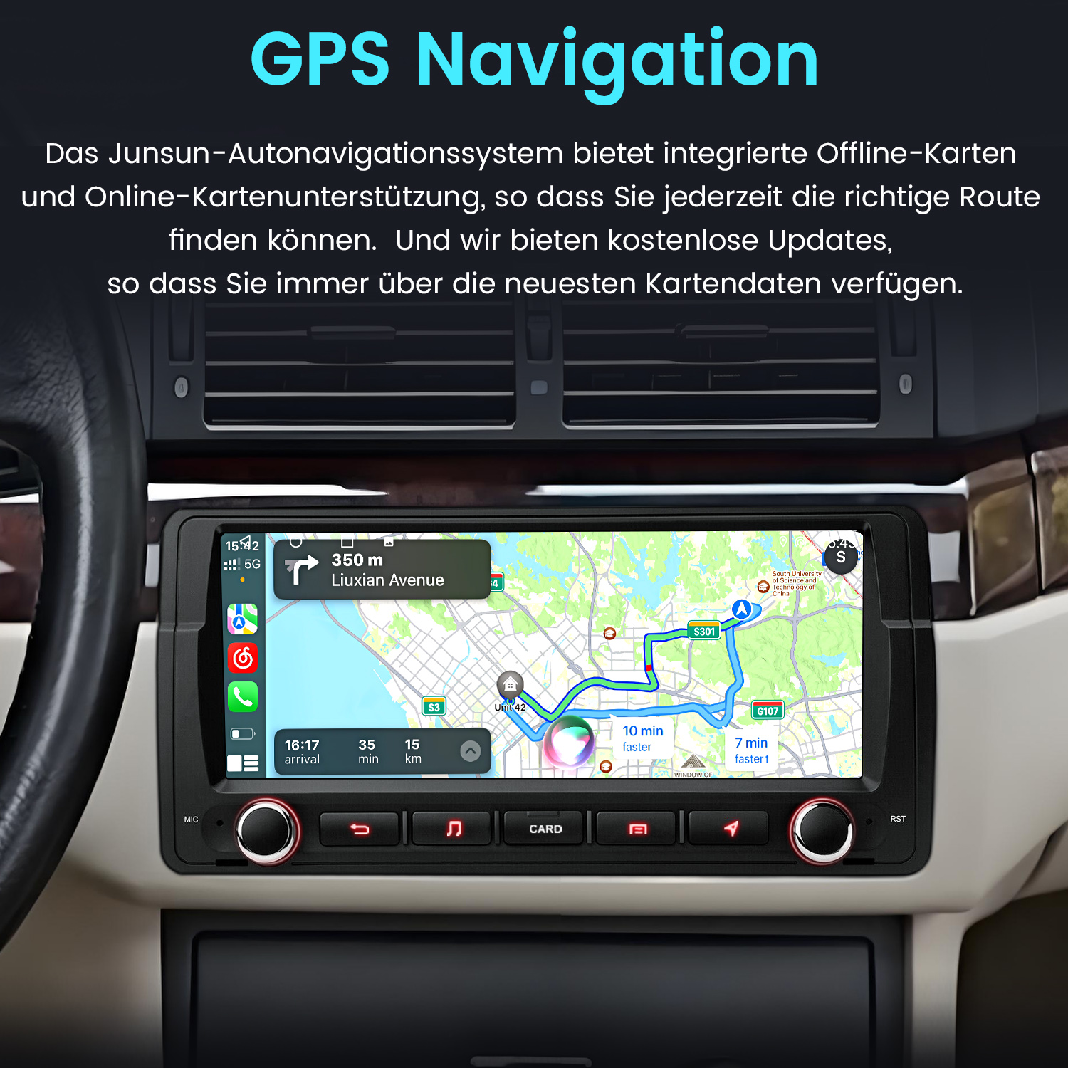 Auto-Navigationssystem mit Kartenansicht und Route.