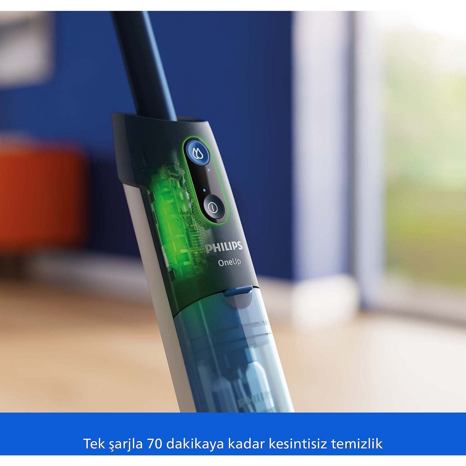 Odkurzacz Philips OneUp ze świecącym zielonym wskaźnikiem baterii.