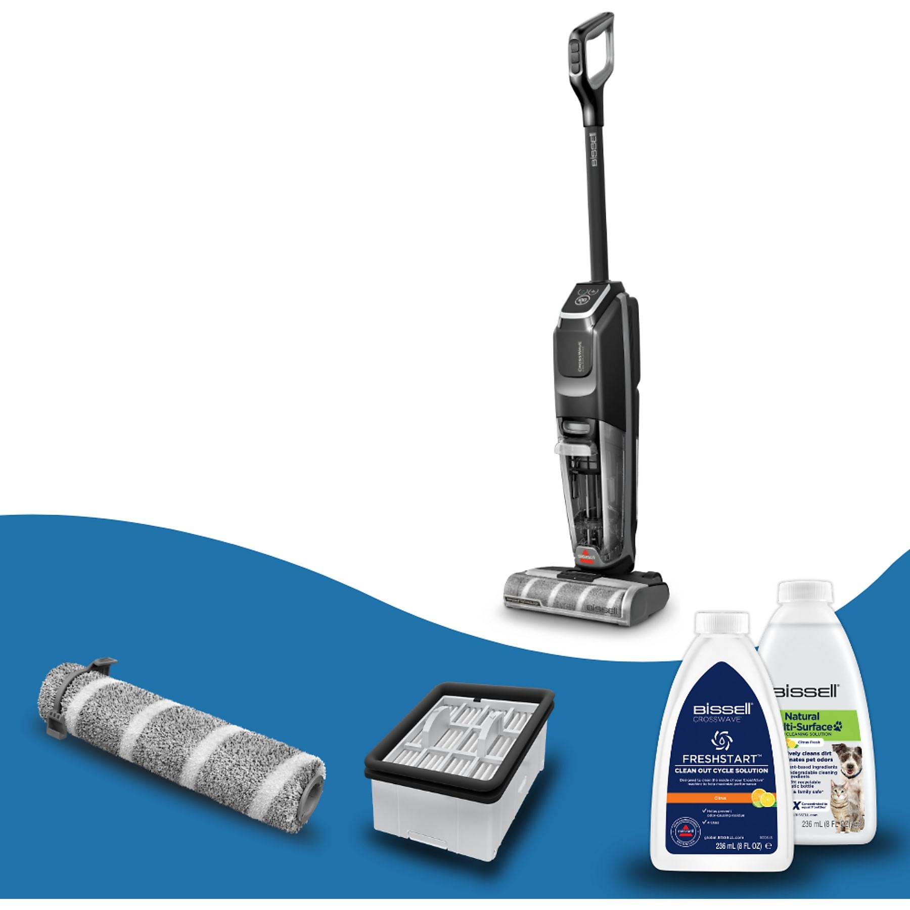 Odkurzacz Bissell z akcesoriami: wałek szczotkowy, filtr i dwie butelki płynu.