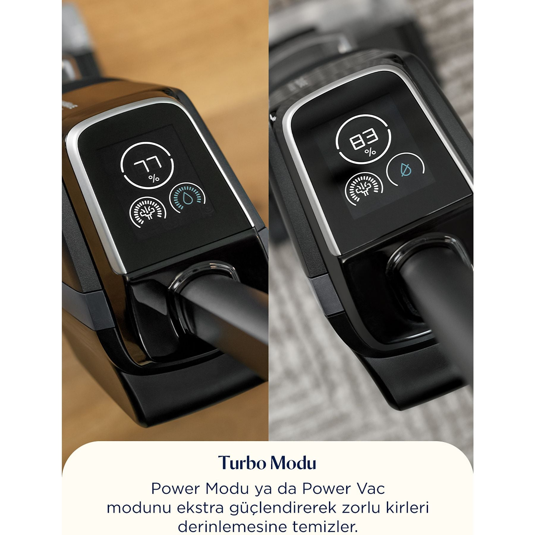 Dwa widoki czarnego uchwytu odkurzacza z cyfrowymi wyświetlaczami.