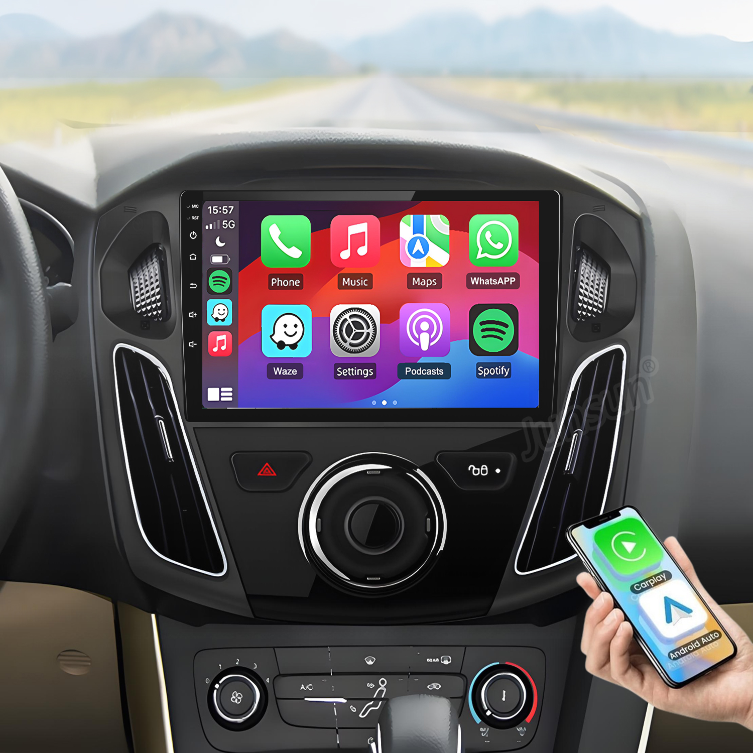 Sistema di infotainment per auto con app sullo schermo e integrazione smartphone.