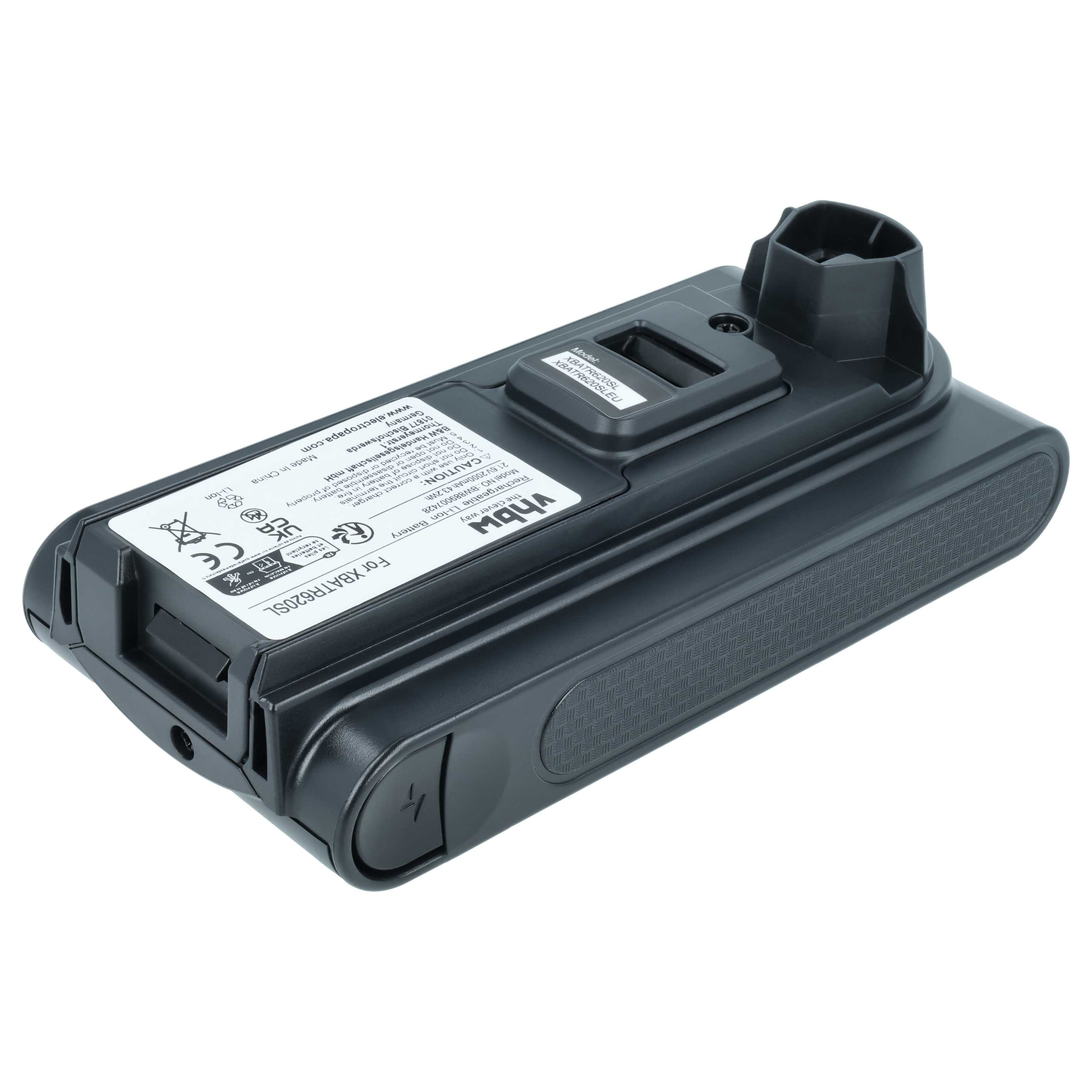 Schwarzer Lithium-Ionen-Akku mit Beschriftung und Anschluss.