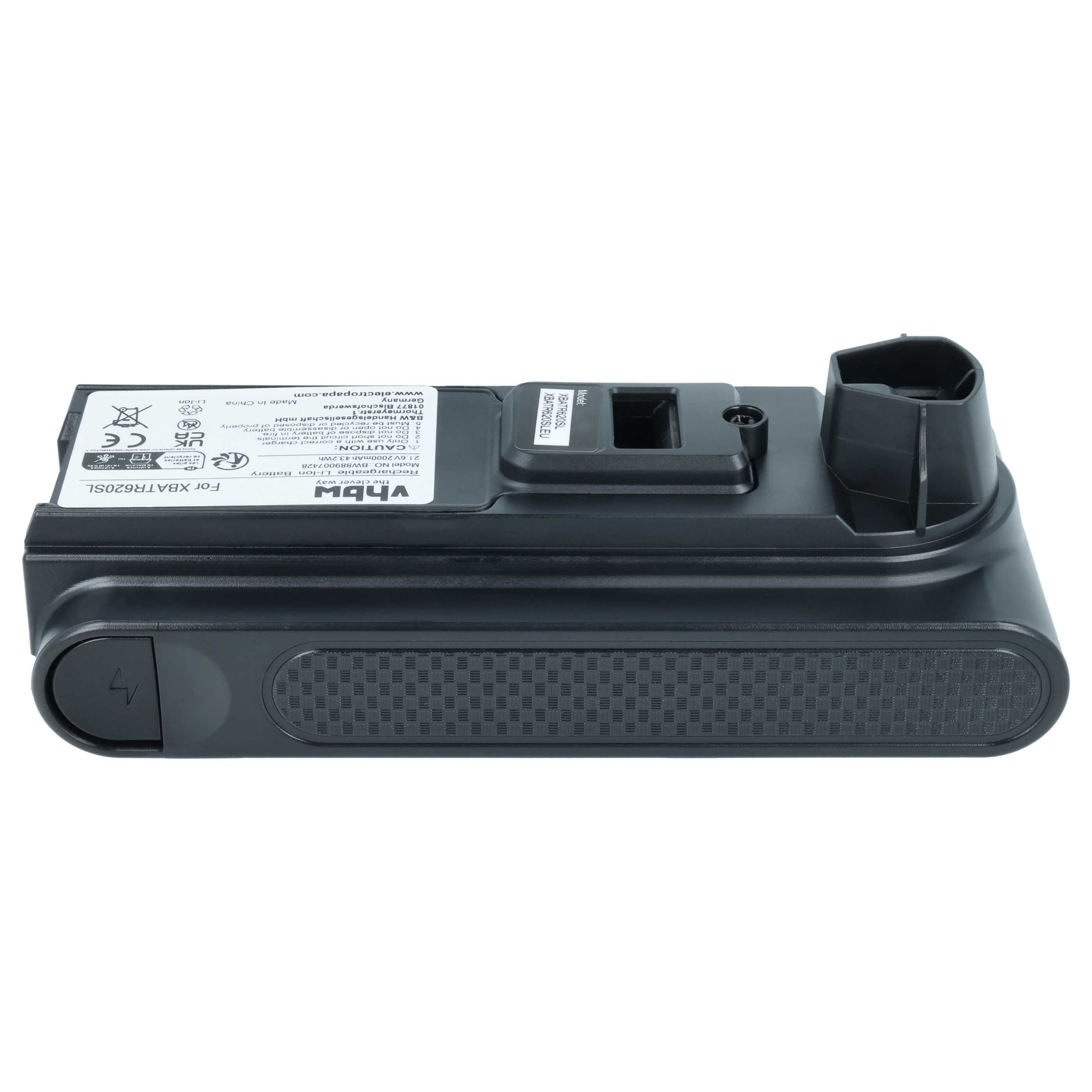 Schwarzer Li-Ion Akku mit Ladekontakten und Beschriftung, Modell XBATR620SL.