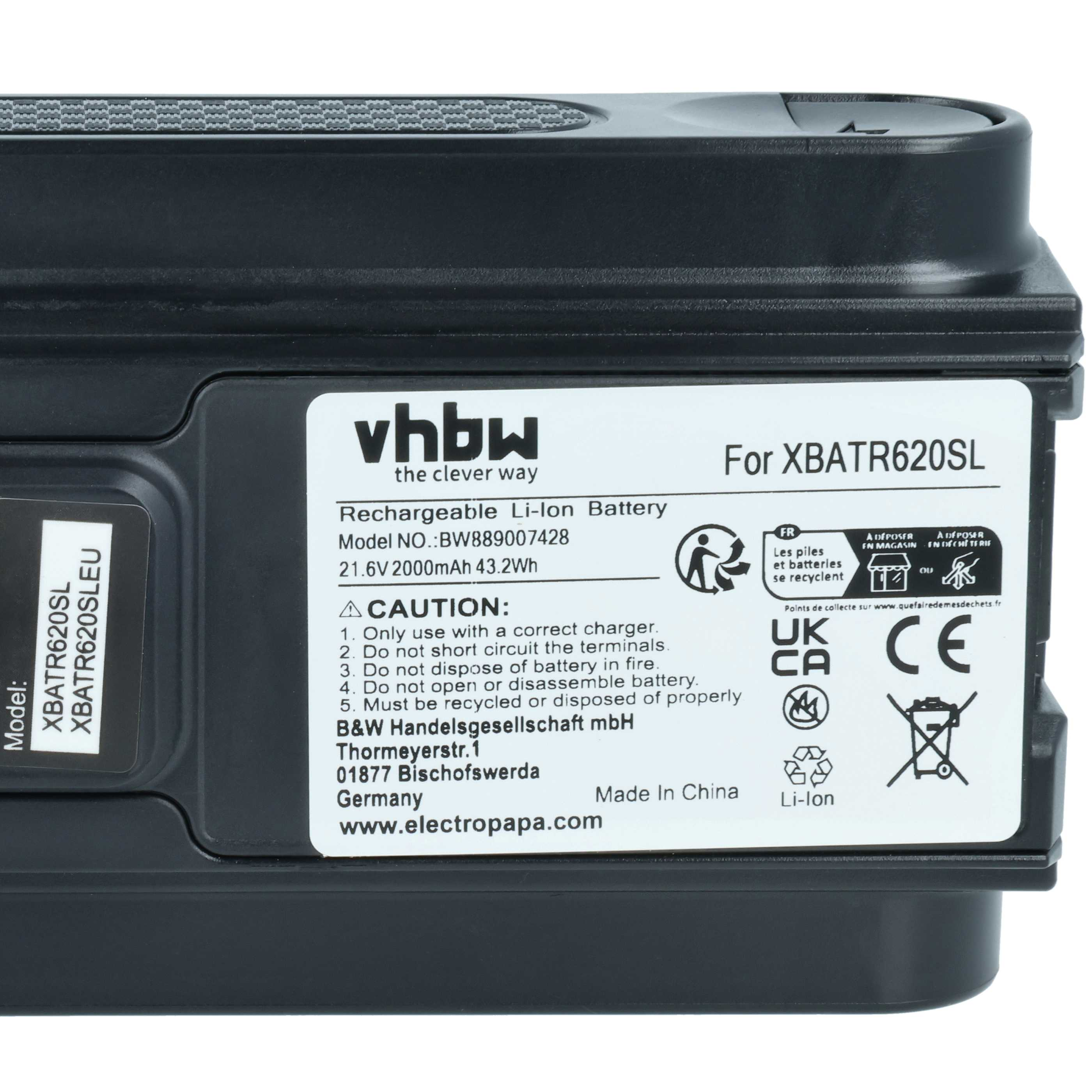 Schwarzer Li-Ion Akku für XBATR620SL mit Aufklebern und Warnsymbolen.