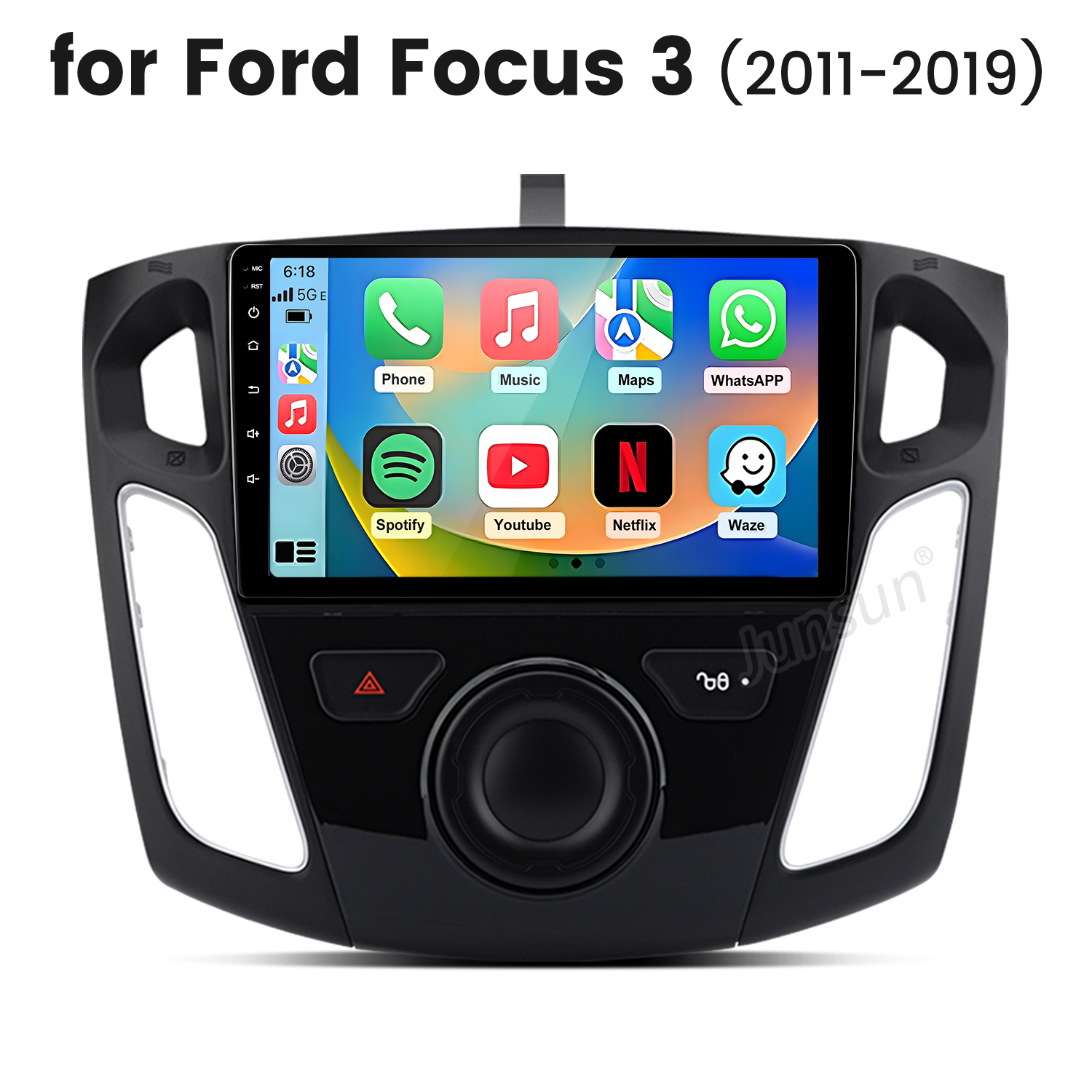 Autoradio für Ford Focus 3 mit Apps wie Telefon, Musik, Karten, WhatsApp, Spotify, YouTube, Netflix, Waze.