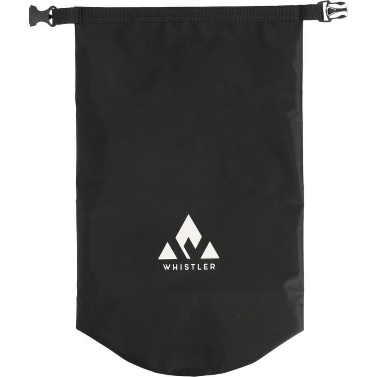 Schwarzer Drybag mit weißem Logo und silbernem Clipverschluss.
