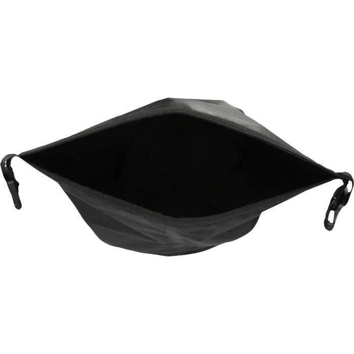 Eine offene schwarze Tasche mit Clips an den Seiten, weißer Hintergrund.