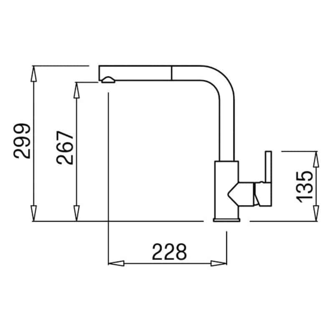 Disegno tecnico di un rubinetto con dimensioni: altezza 299, sporgenza 267, profondità 228, altezza maniglia 135.