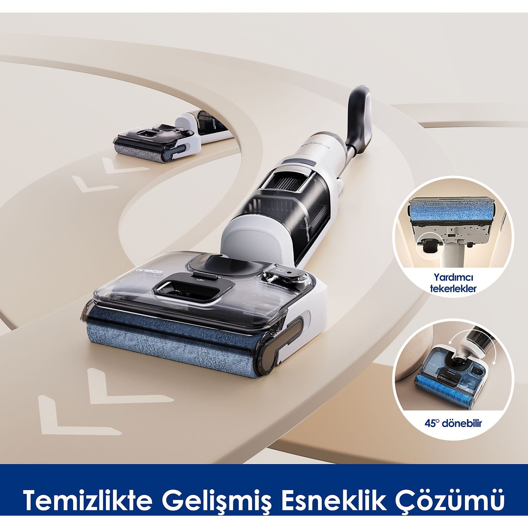 Modern ıslak-kuru elektrikli süpürge, açık bej yüzey üzerinde mavi fırça başlığı.