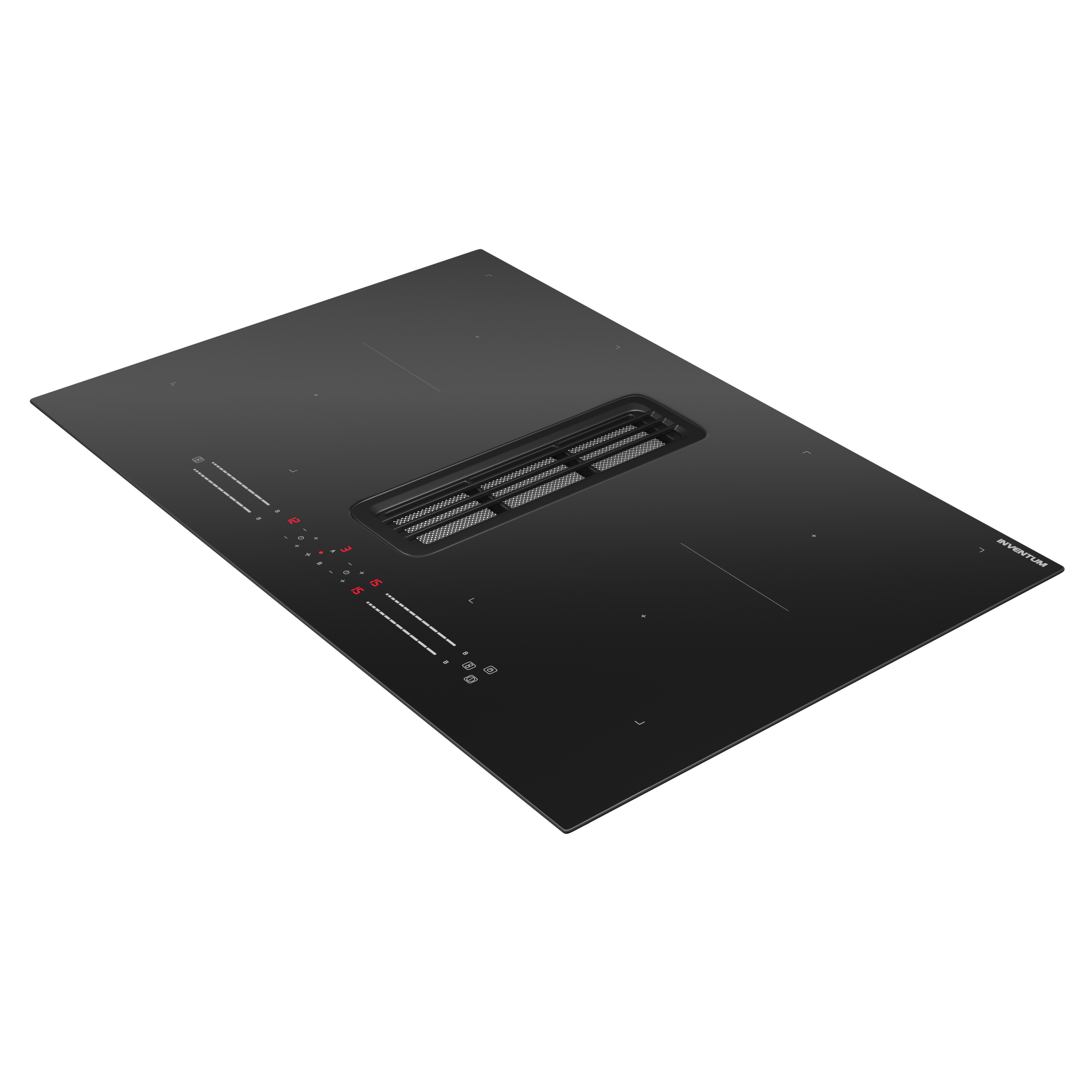 Zwarte inductiekookplaat met geïntegreerd ventilatierooster en touch controlpaneel.